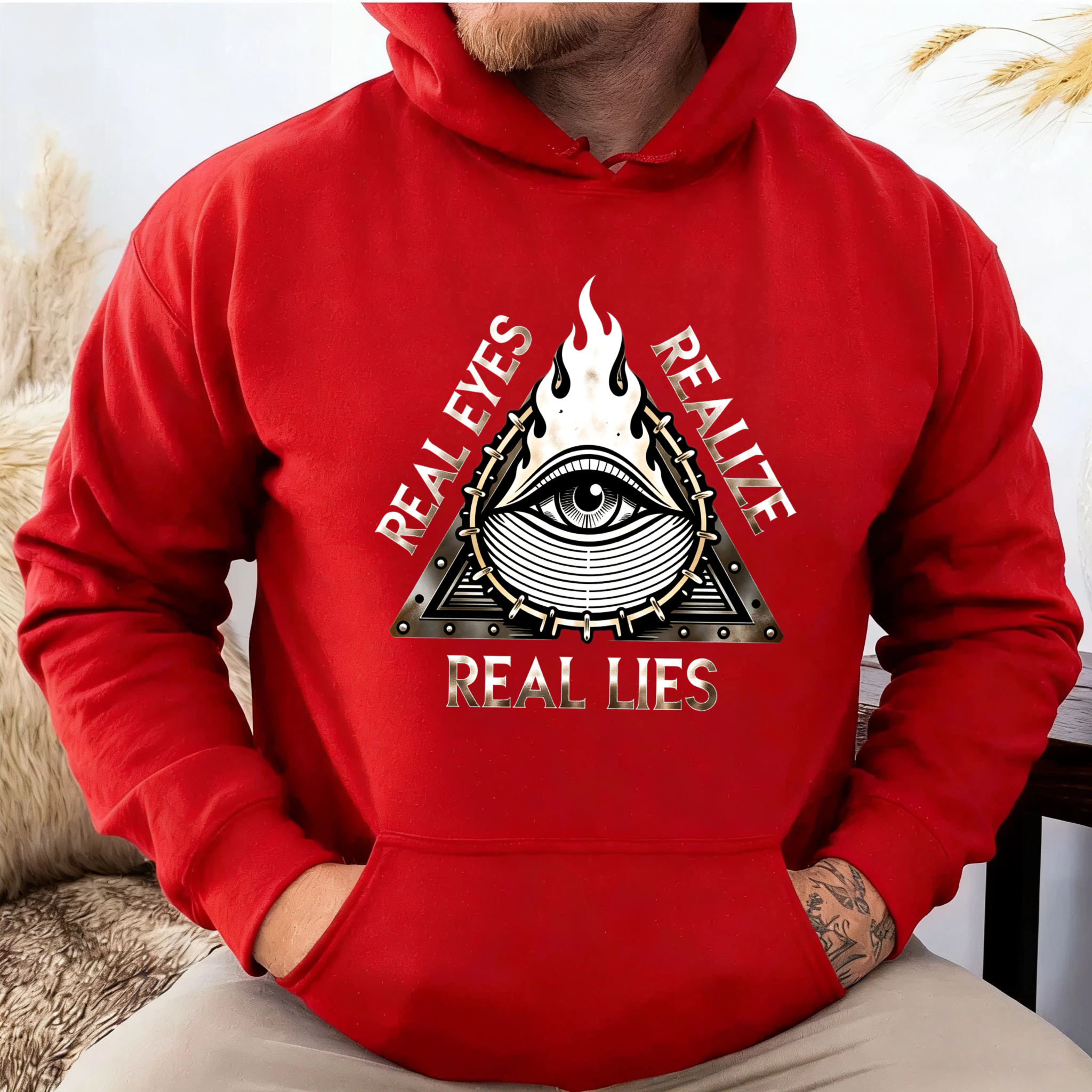 Dorawear™ Real Eyes Realize Real Lies Hoodie Black Eye Symbol Flame Design Unisex Sweatshirt Fashion Statement Clothing-Dorawear