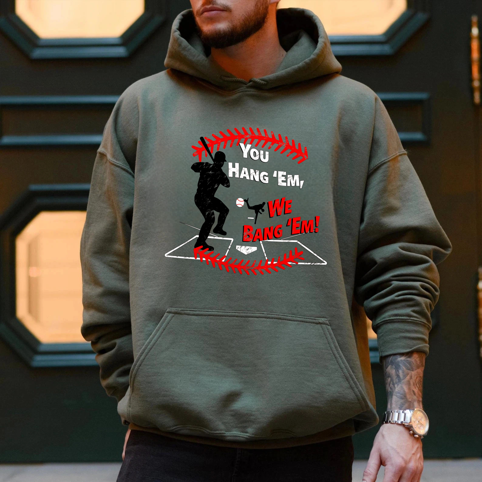 Dorawear™ You Hang Em We Bang Em Baseball Fan Hoodie For Men And Women Sports Gift Sweatshirt With Pocket And Drawstring Cap-Dorawear