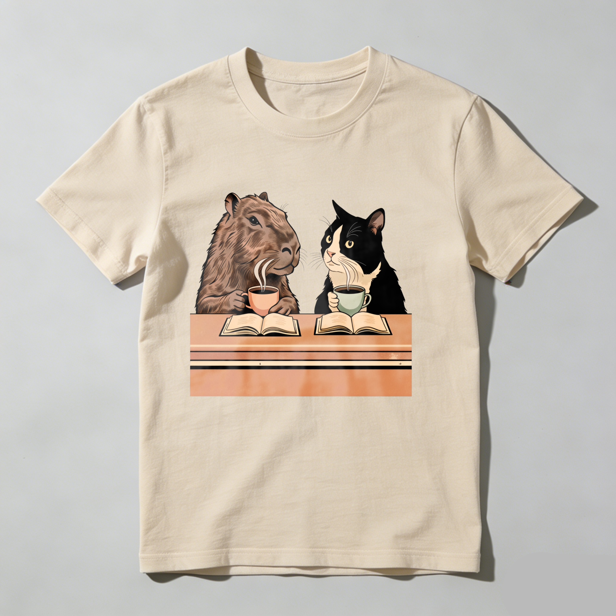 Dorawear™ Camel And Cat Reading Books With Tea T Shirt
