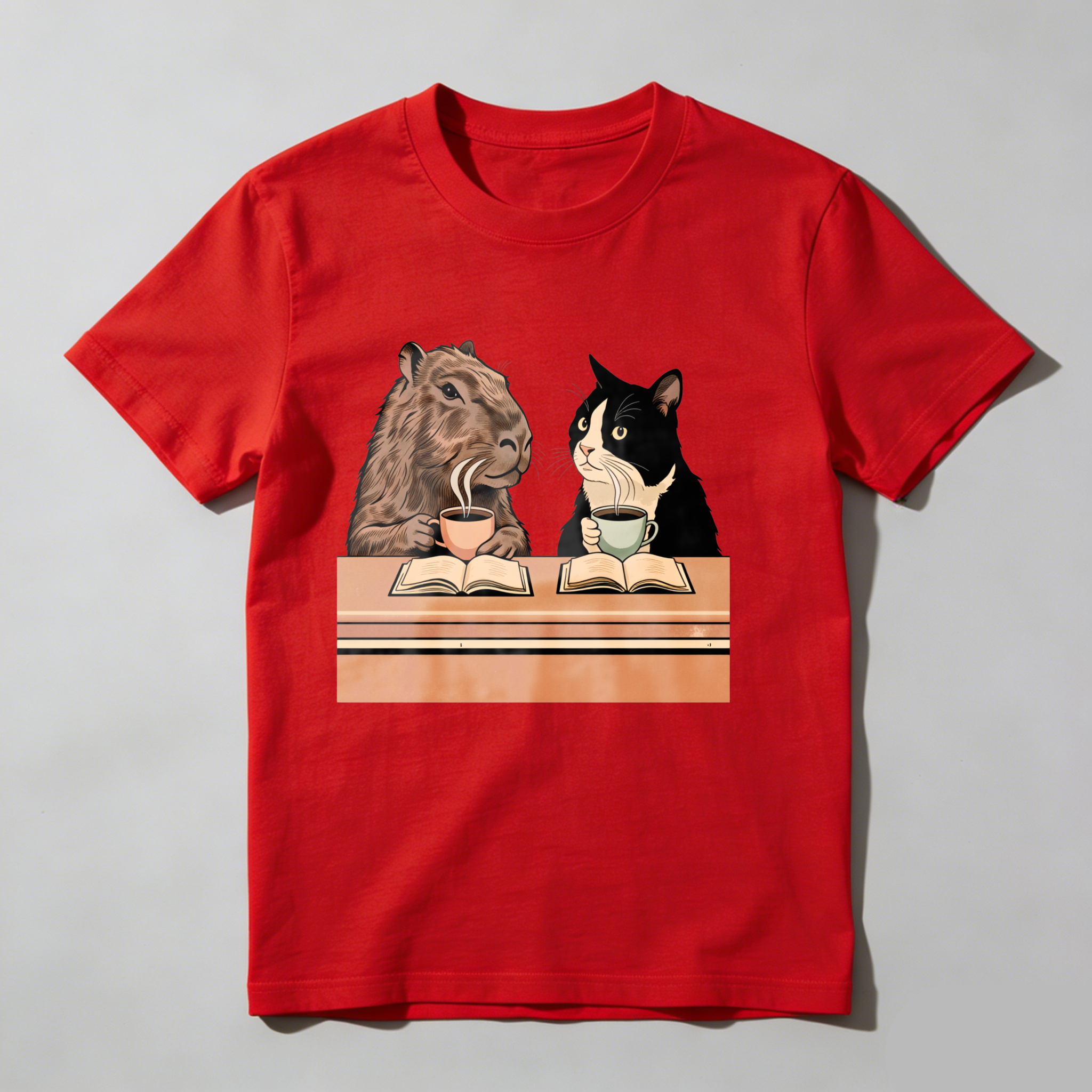 Dorawear™ Camel And Cat Reading Books With Tea T Shirt
