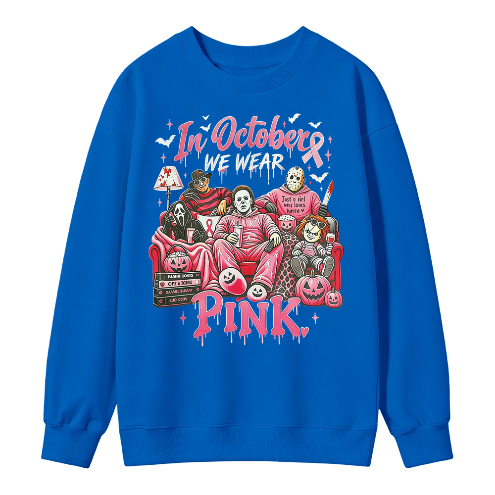 In October We Wear Pink Horror Movie Characters Print Breast Cancer Awareness Graphic Sweatshirt