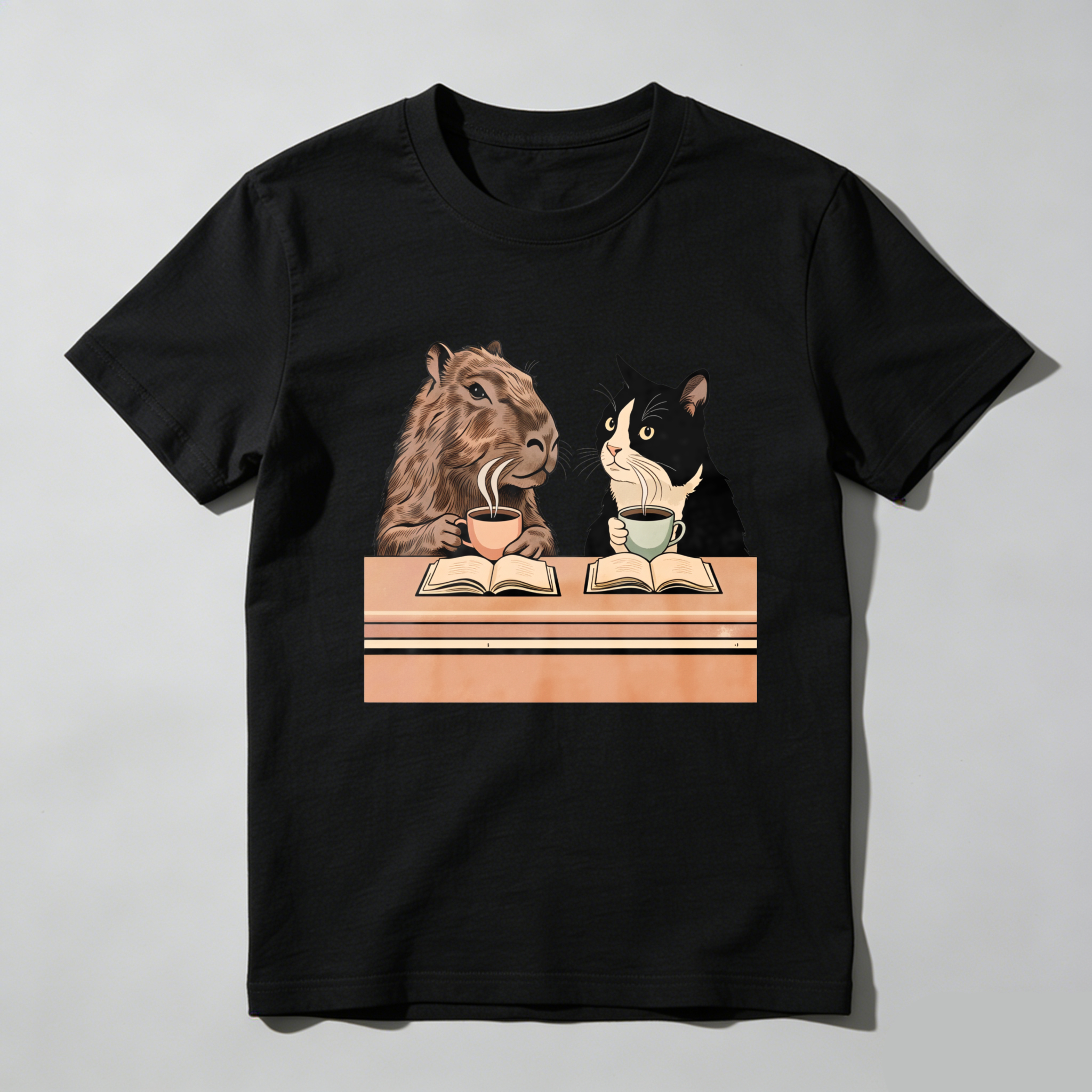 Dorawear Camel And Cat Reading Books With Tea T Shirt