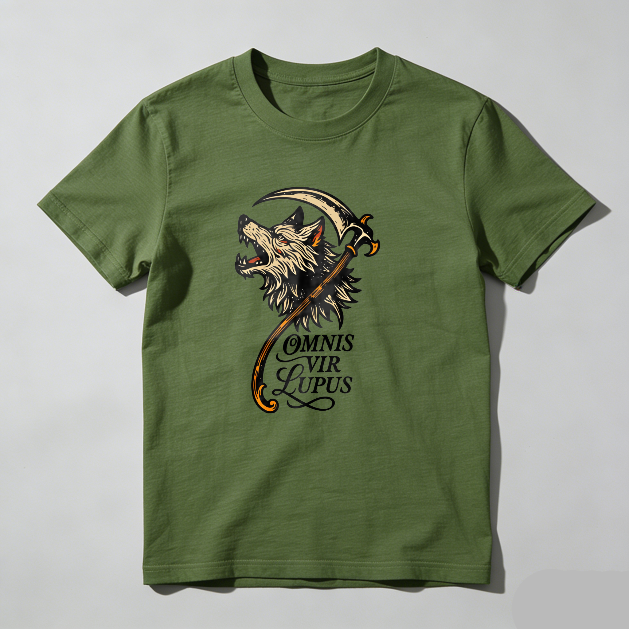 Dorawear Wolf With Scythe And Latin Text T Shirt