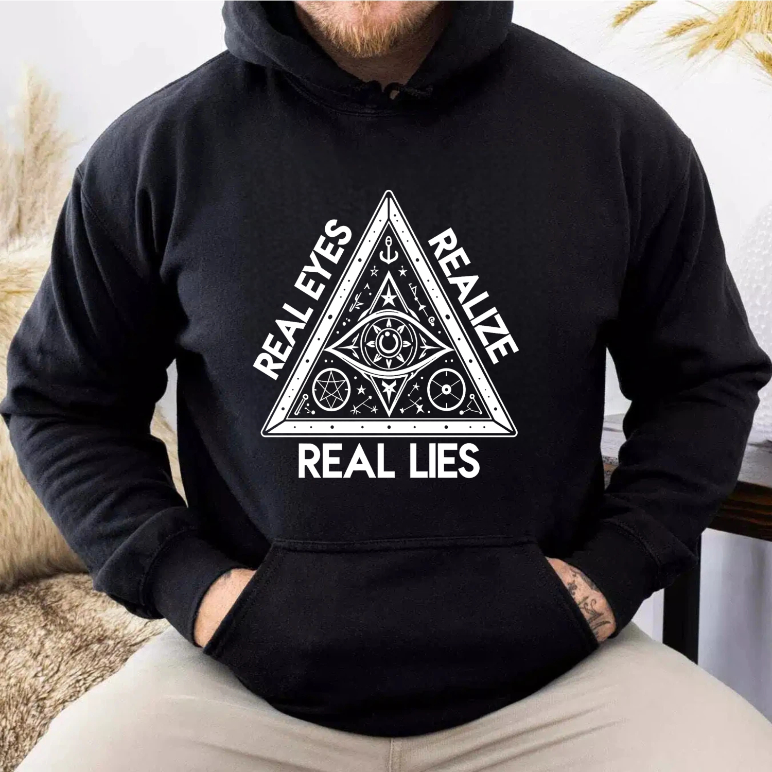 Dorawear™ Real Eyes Realize Real Lies Hoodie Black Spiritual Symbolic Design Mystical Pyramid Graphic Sweatshirt Unisex Casual Wear-Dorawear