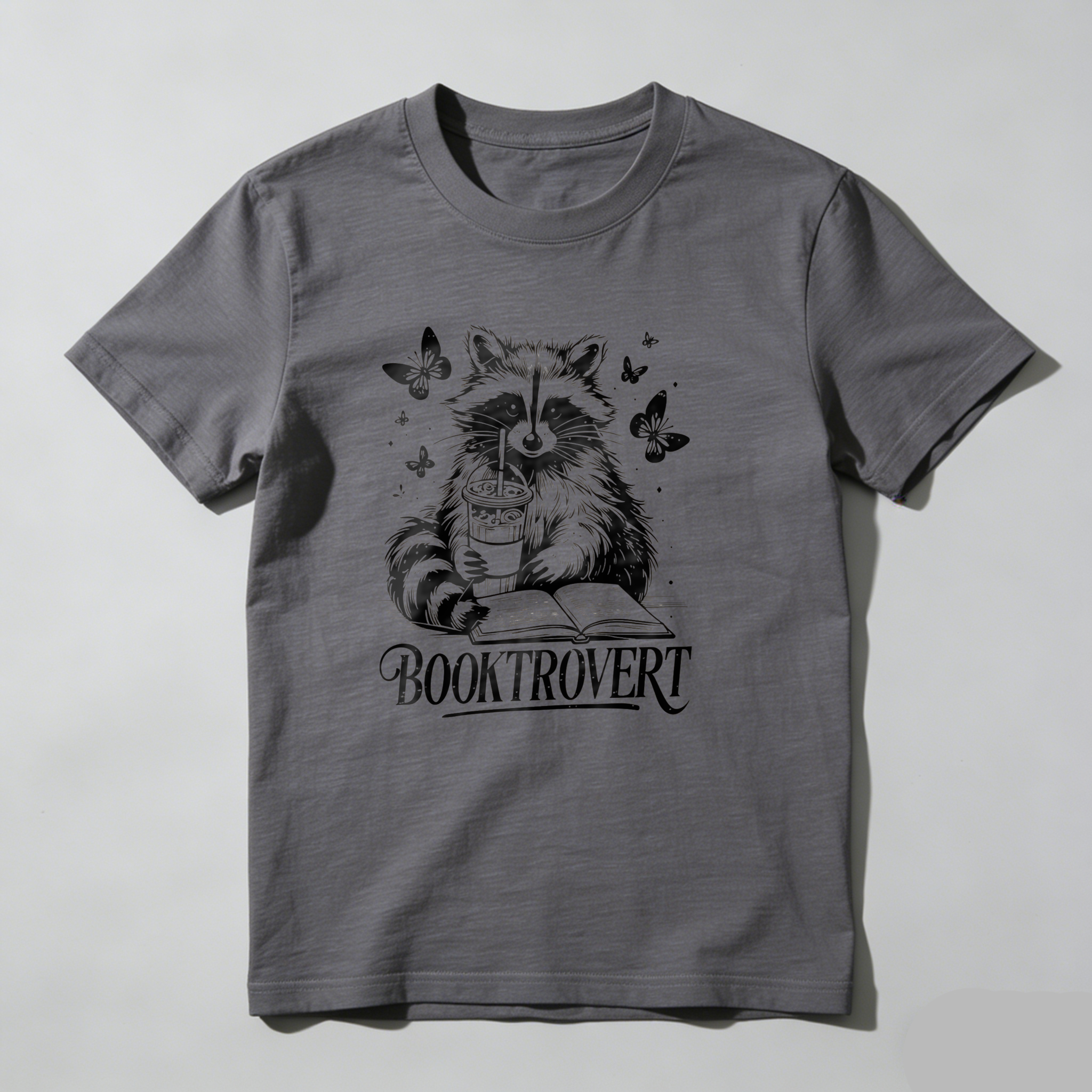 Dorawear™ Raccoon Reading Book With Butterflies And Coffee T Shirt