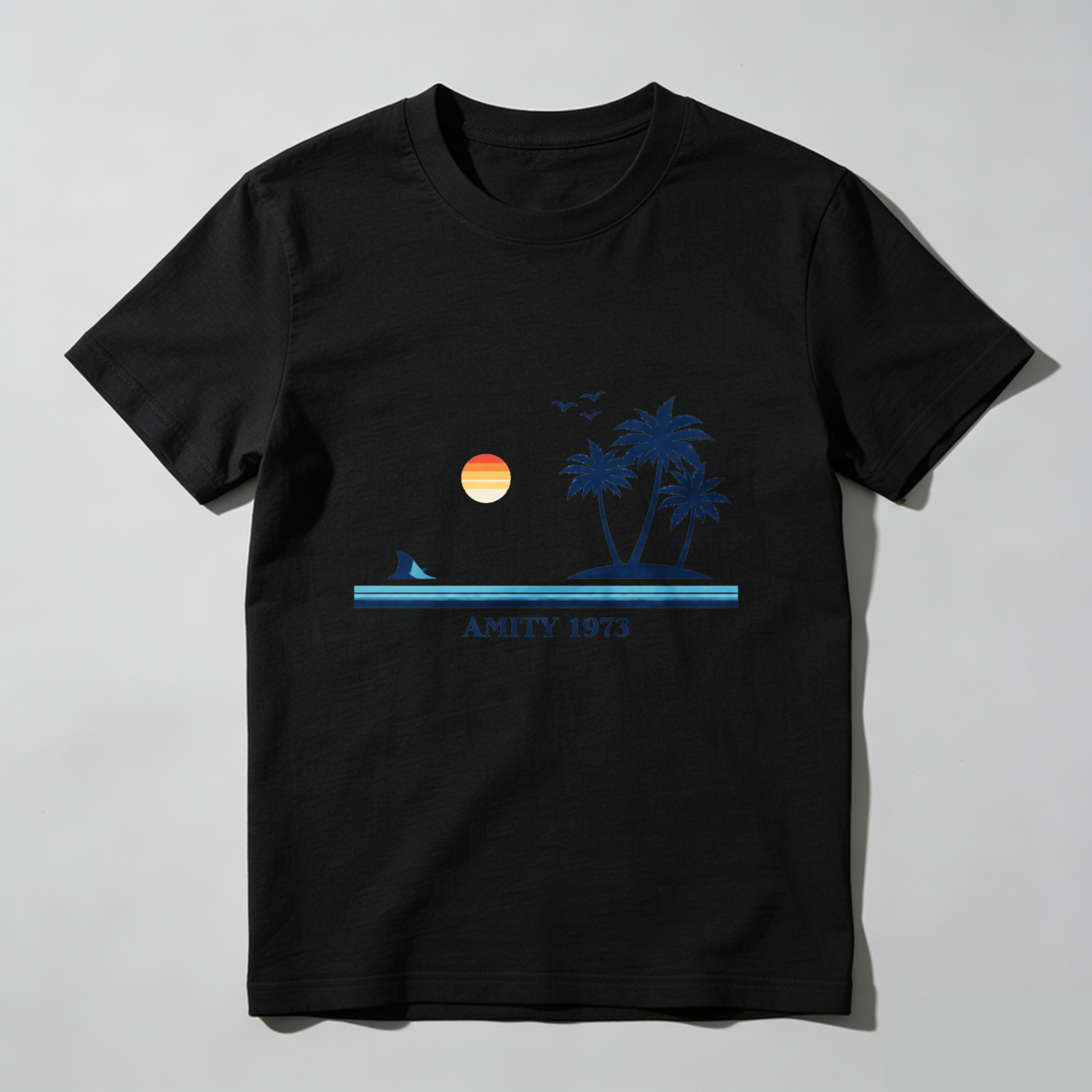 Dorawear™ Sunset Palm Trees Shark Amity 1973 Pure Cotton Short Sleeve T Shirt-Dorawear