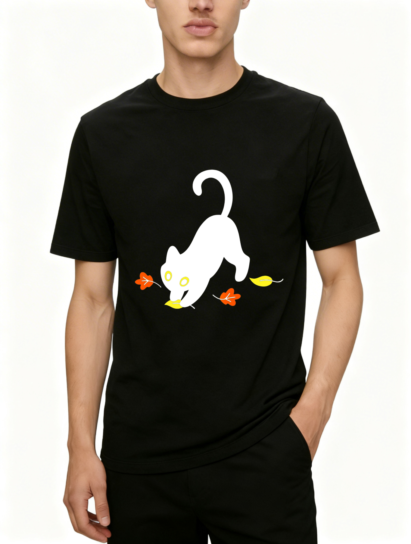 Dorawear™ White Cat Playing With Leaves T Shirt