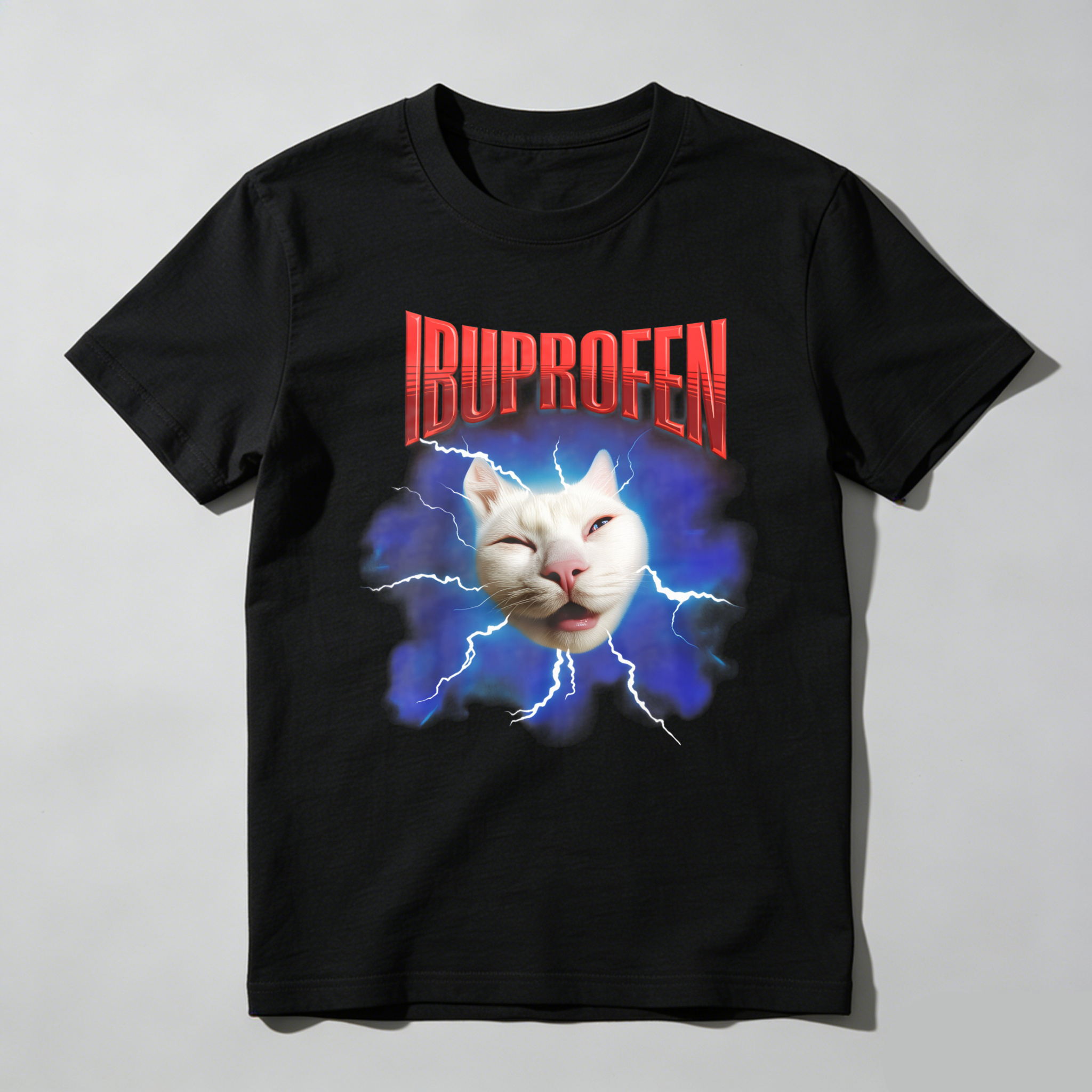 Dorawear™ Ibuprofen Cat Lightning Blue Background T Shirt