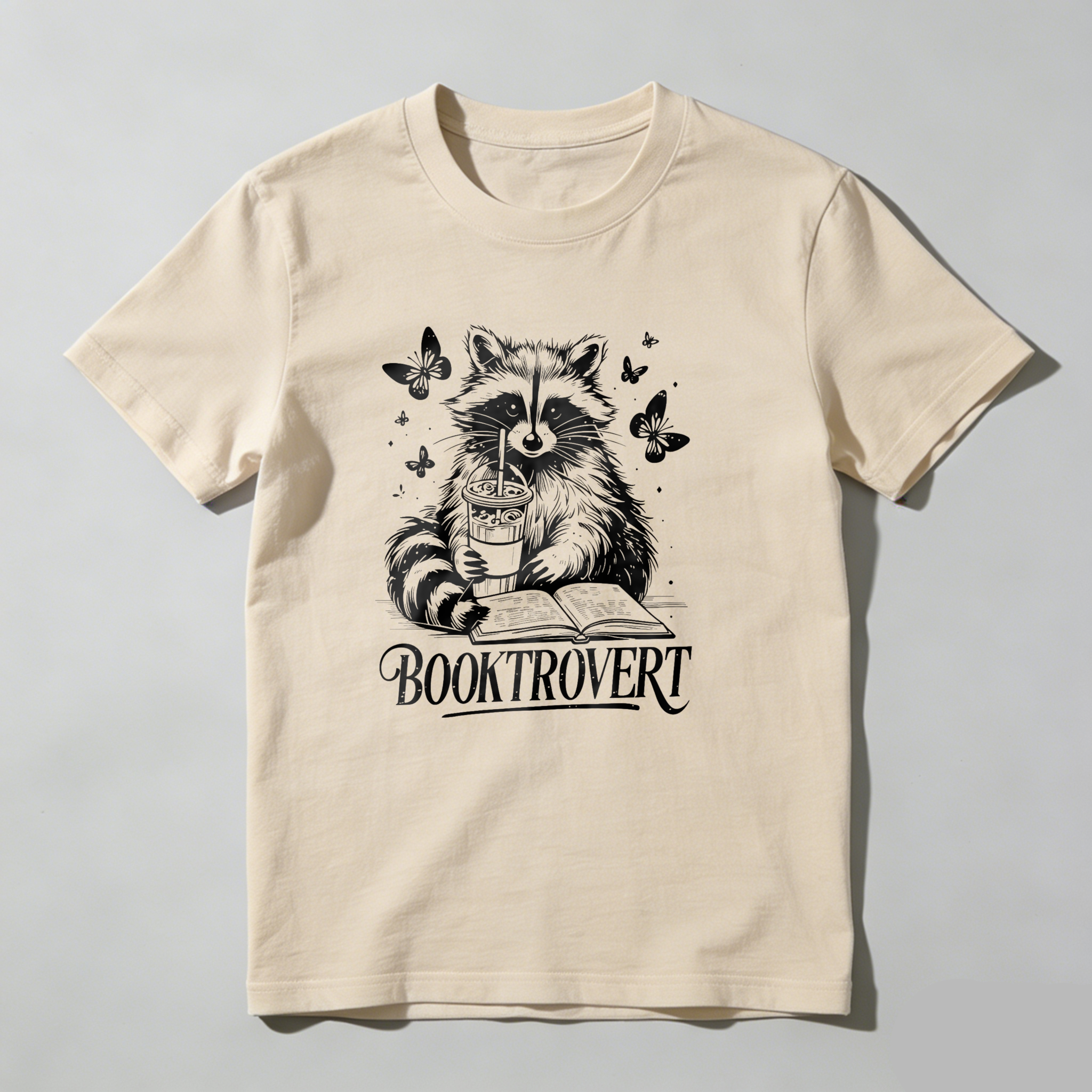 Dorawear™ Raccoon Reading Book With Butterflies And Coffee T Shirt