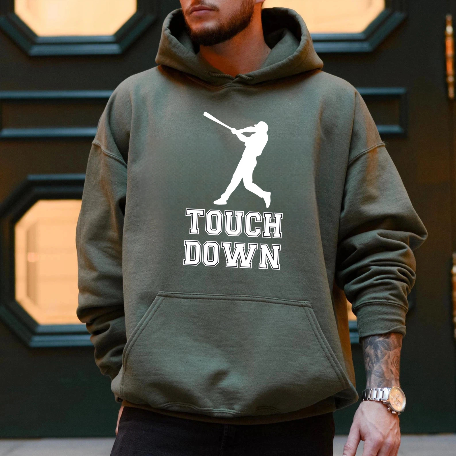 Dorawear™ Touch Down Baseball Player Silhouette Hoodie Black Sweatshirt Sport Design Casual Wear For Men Women Unisex Apparel-Dorawear