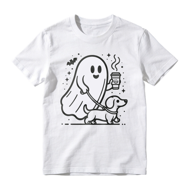 Cute Ghost Walking Dog With Coffee, Unisex Classic T-shirt
