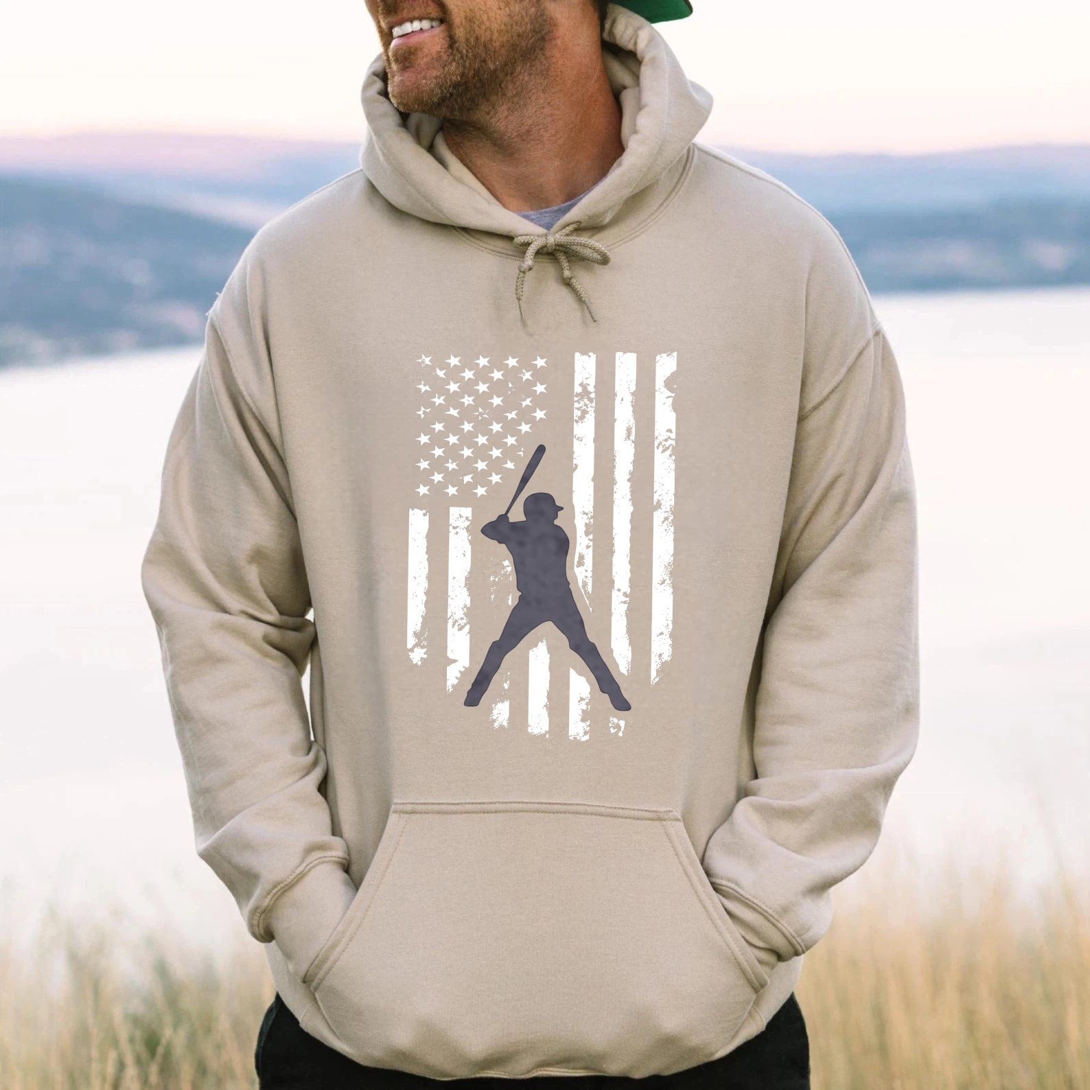 Dorawear™ American Flag Baseball Player Hoodie Black Sweatshirt With Front Pocket And Drawstring Hood Sporty Design For Men Women Unisex Casual Wear-Dorawear