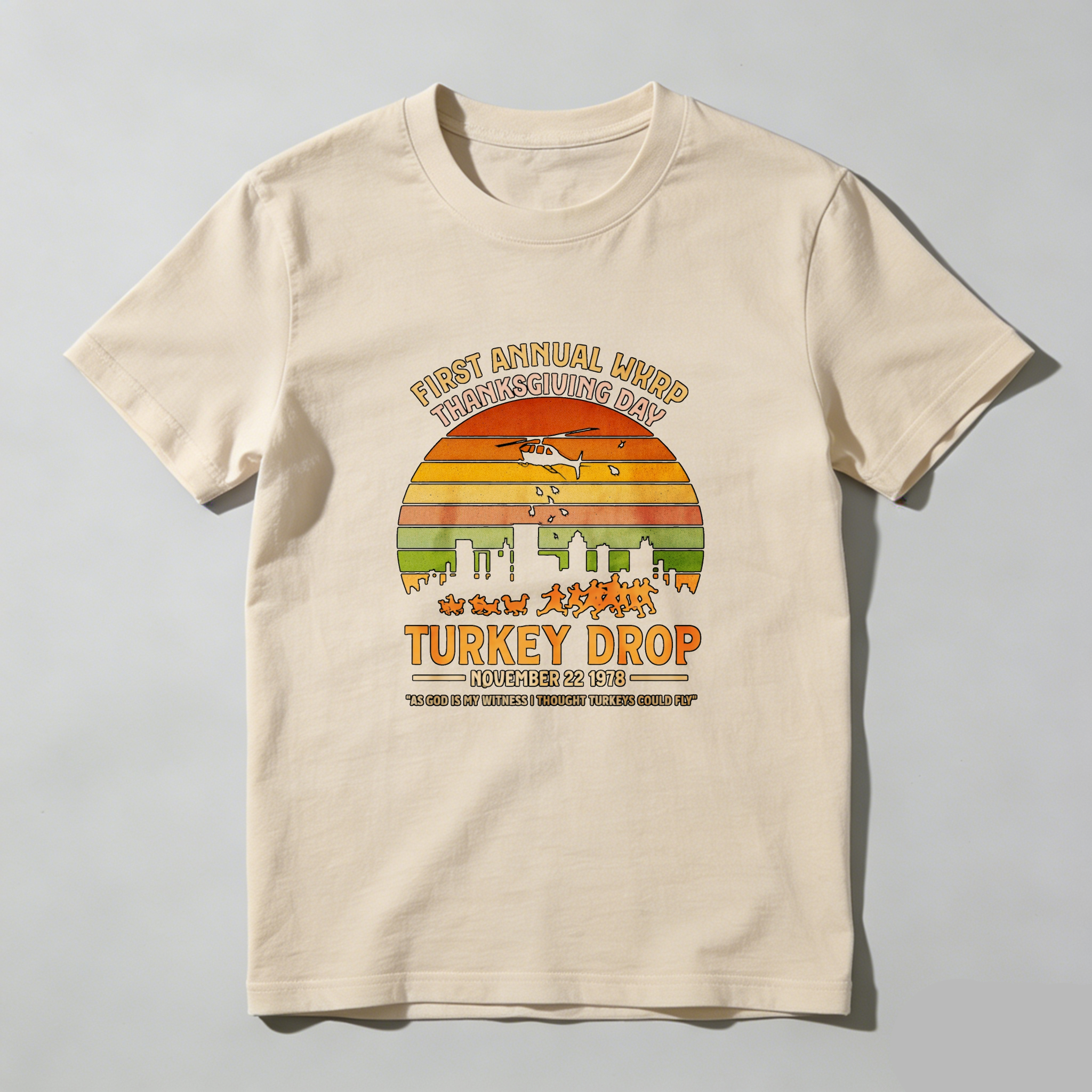 Dorawear™ First Annual Wkrp Thanksgiving Day Turkey Drop November 22 1978 Pure Cotton Short Sleeve T Shirt-Dorawear