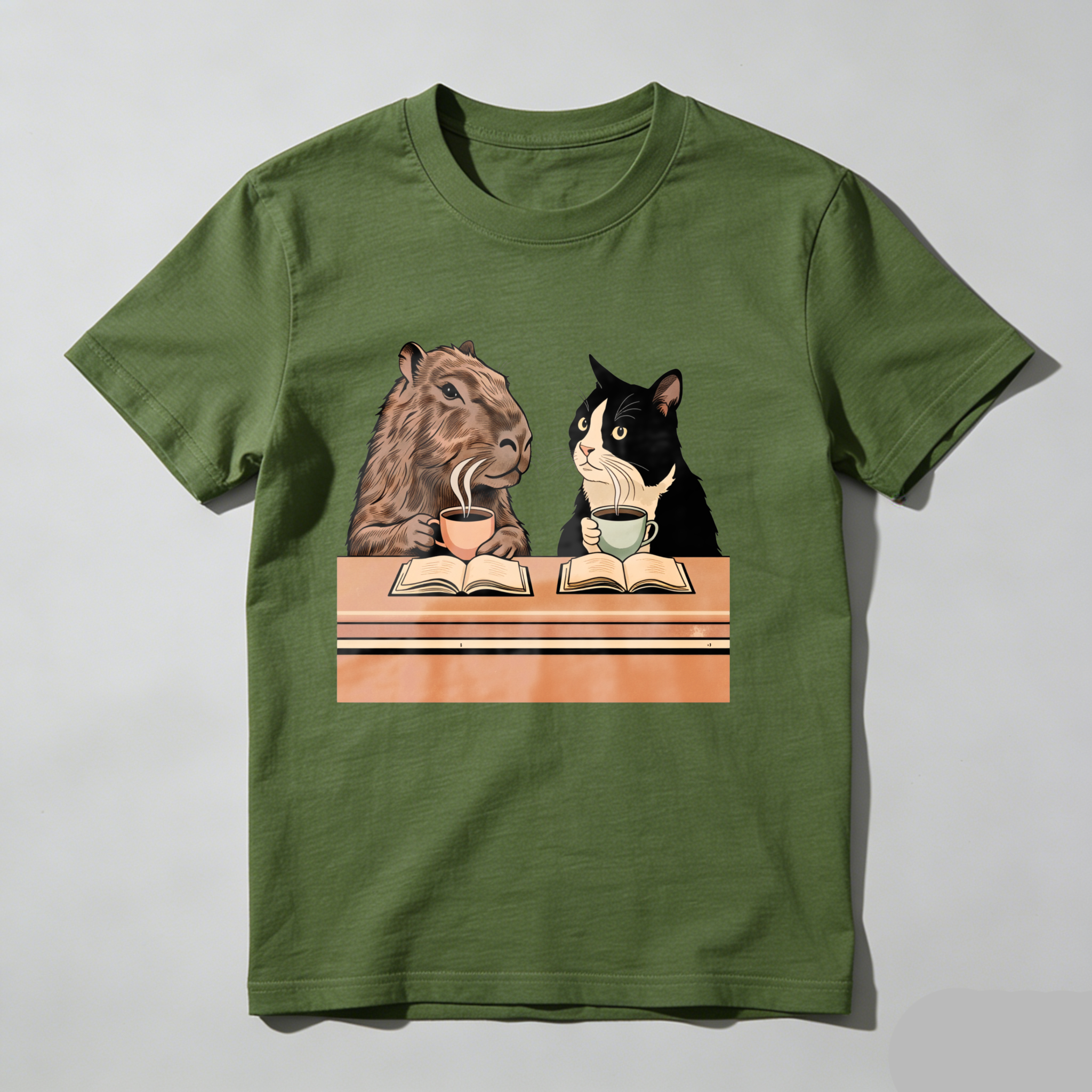 Dorawear™ Camel And Cat Reading Books With Tea T Shirt