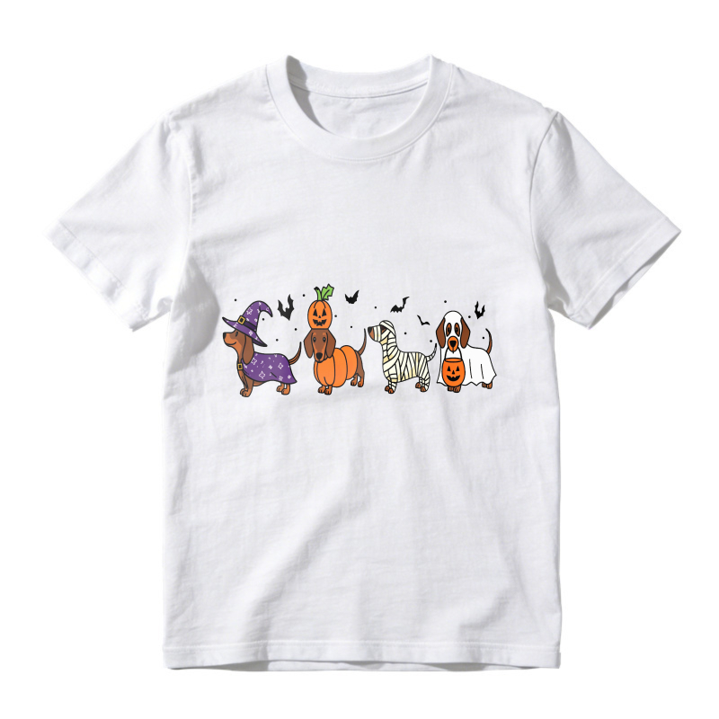 Halloween Dachshund Dogs In Witch Pumpkin Zebra Ghost Costumes With Bats, Unisex Classic T-shirt