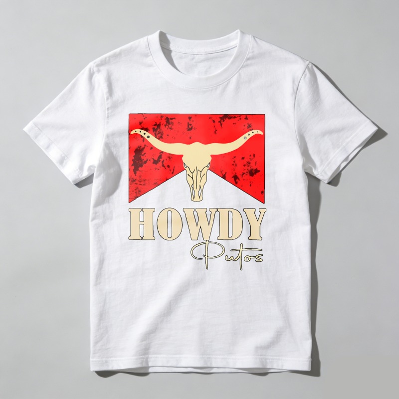 Dorawear™ Cow Skull Red Background Howdy Putos T Shirt 100% cotton