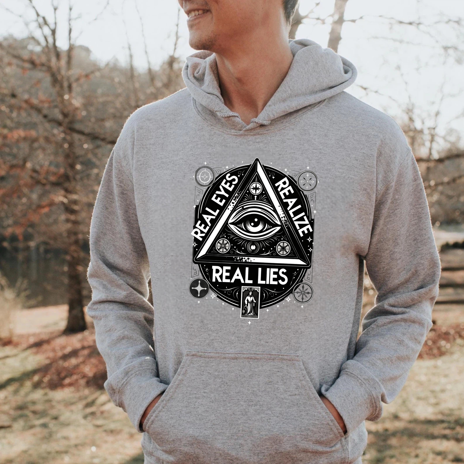 Dorawear™ Real Eyes Real Lies All Seeing Eye Hoodie Black Spiritual Symbolic Design Mystical Eye Print Sweatshirt Unisex Fashion Statement Clothing-Dorawear