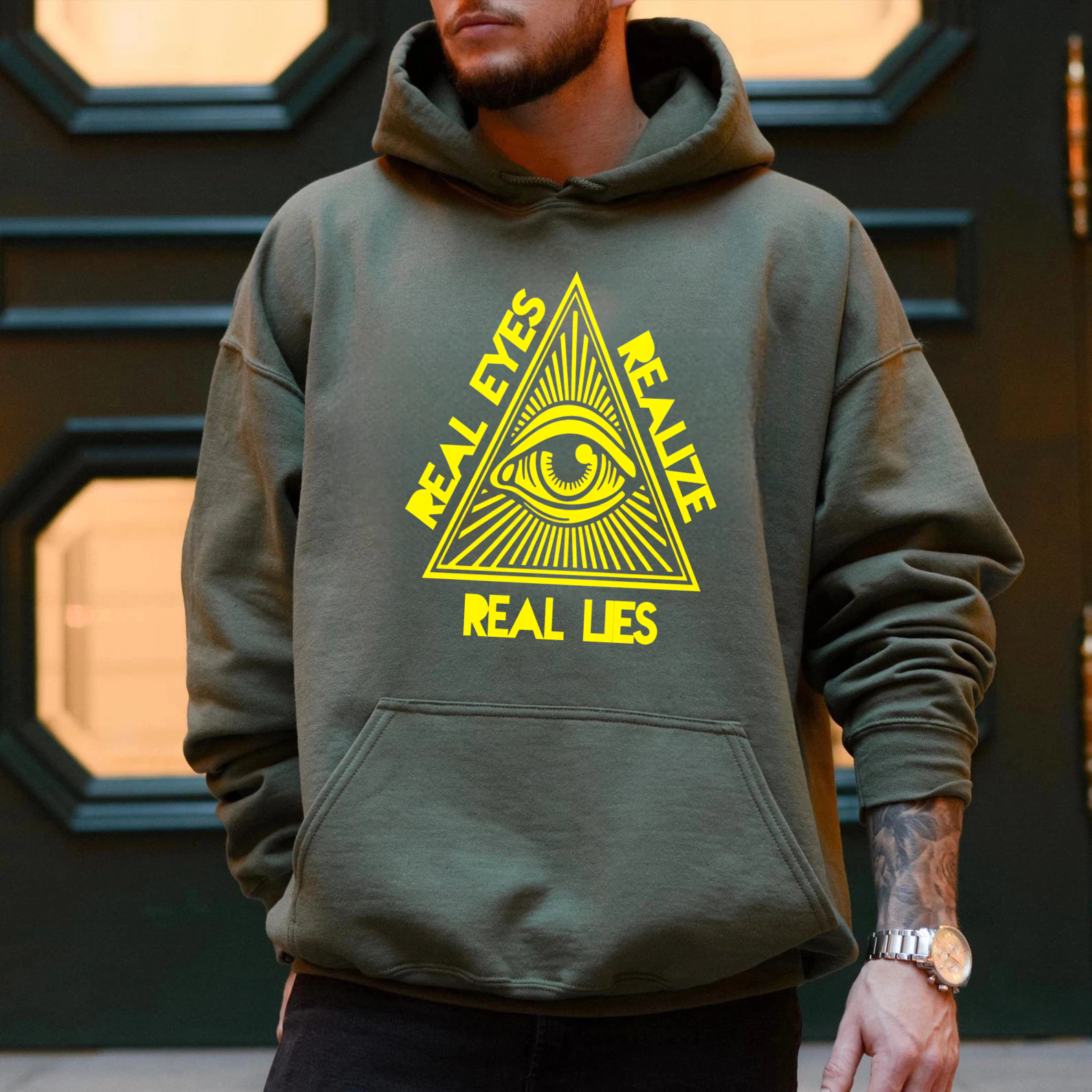 Dorawear™ Real Eyes Realize Real Lies All Seeing Eye Hoodie Black Sweatshirt With Drawstring Hood And Front Pocket For Men Women Unisex Streetwear Fashion Apparel-Dorawear