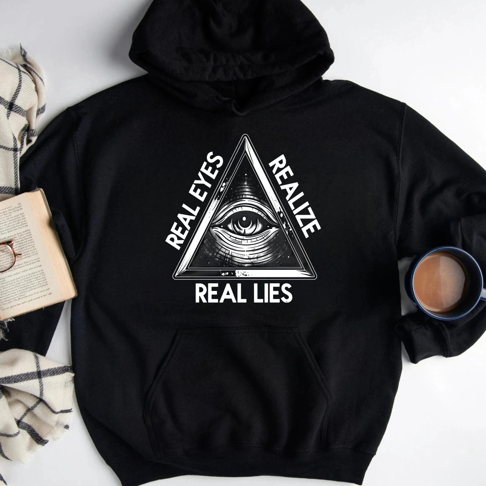 Dorawear™ Real Eyes Realize Real Lies Hoodie All Seeing Eye Pyramid Design Black Sweatshirt Men Women Streetwear Fashion Casual Wear-Dorawear