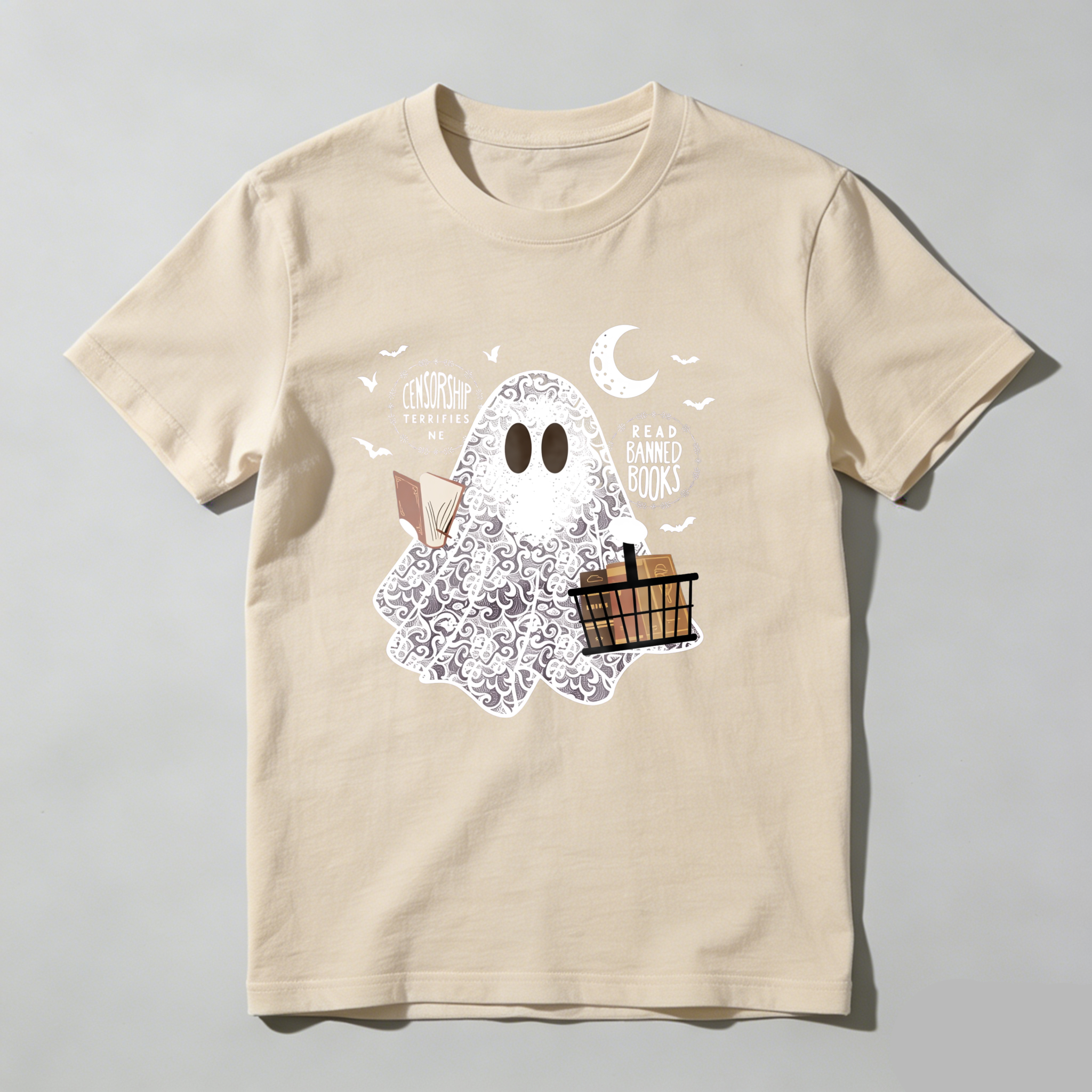 Dorawear Ghost Holds Books And Moon With Bats T Shirt