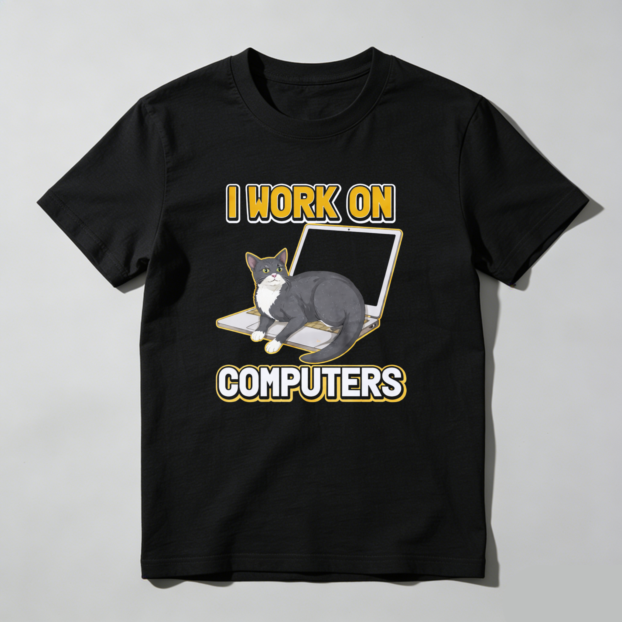 Dorawear™ Cat On Laptop I Work On Computers Pure Cotton Short Sleeve T Shirt-Dorawear