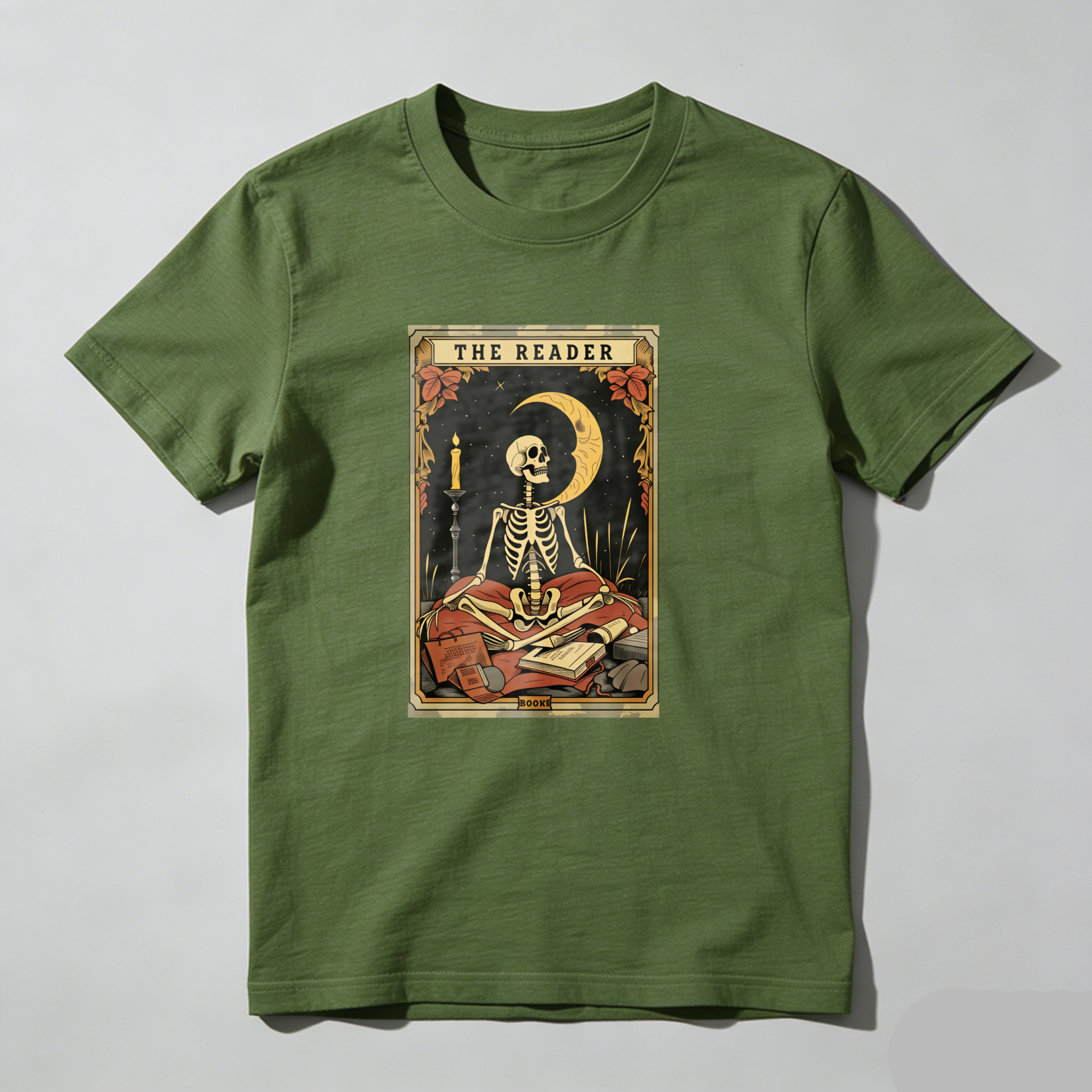 Dorawear™ The Reader Skeleton Reading Book Moon Candle T Shirt