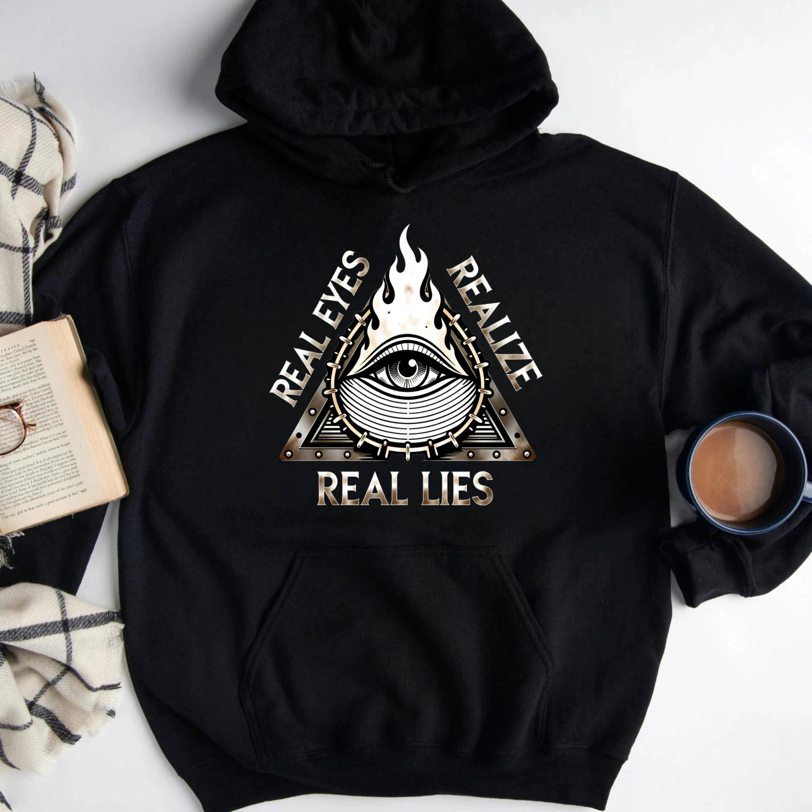 Dorawear™ Real Eyes Realize Real Lies Hoodie Black Eye Symbol Flame Design Unisex Sweatshirt Fashion Statement Clothing-Dorawear