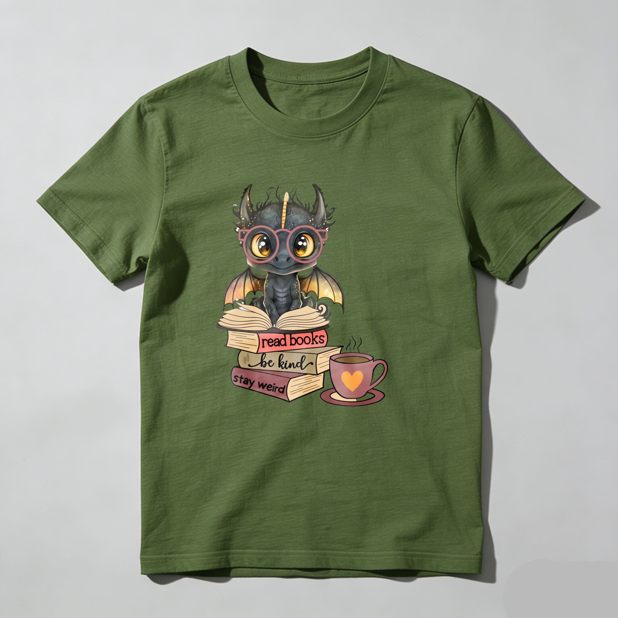 Dorawear™ Dragon With Books And Coffee Cup T Shirt