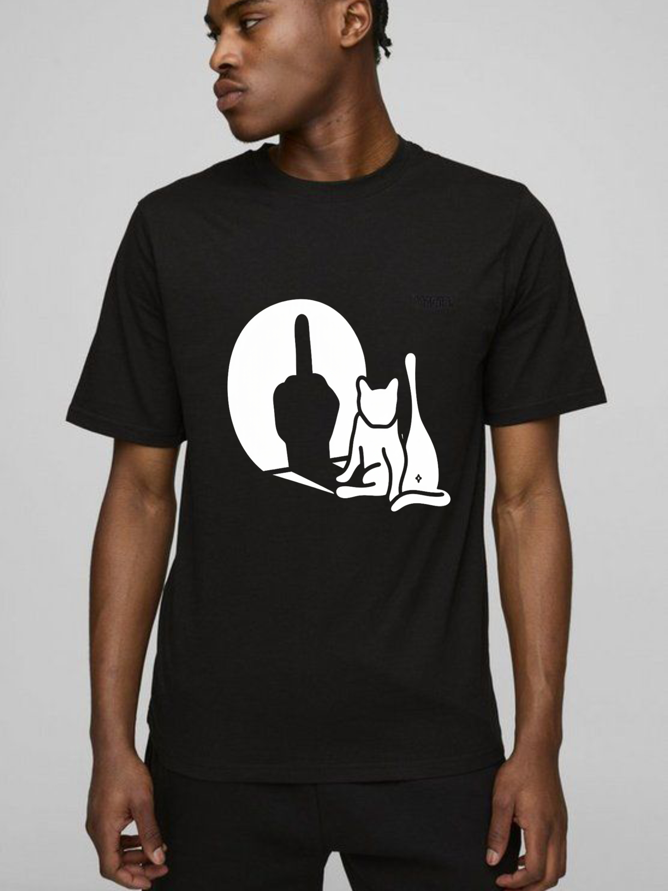 Cat Silhouette Hand Gesture Moon Background tshirt 100% cotton