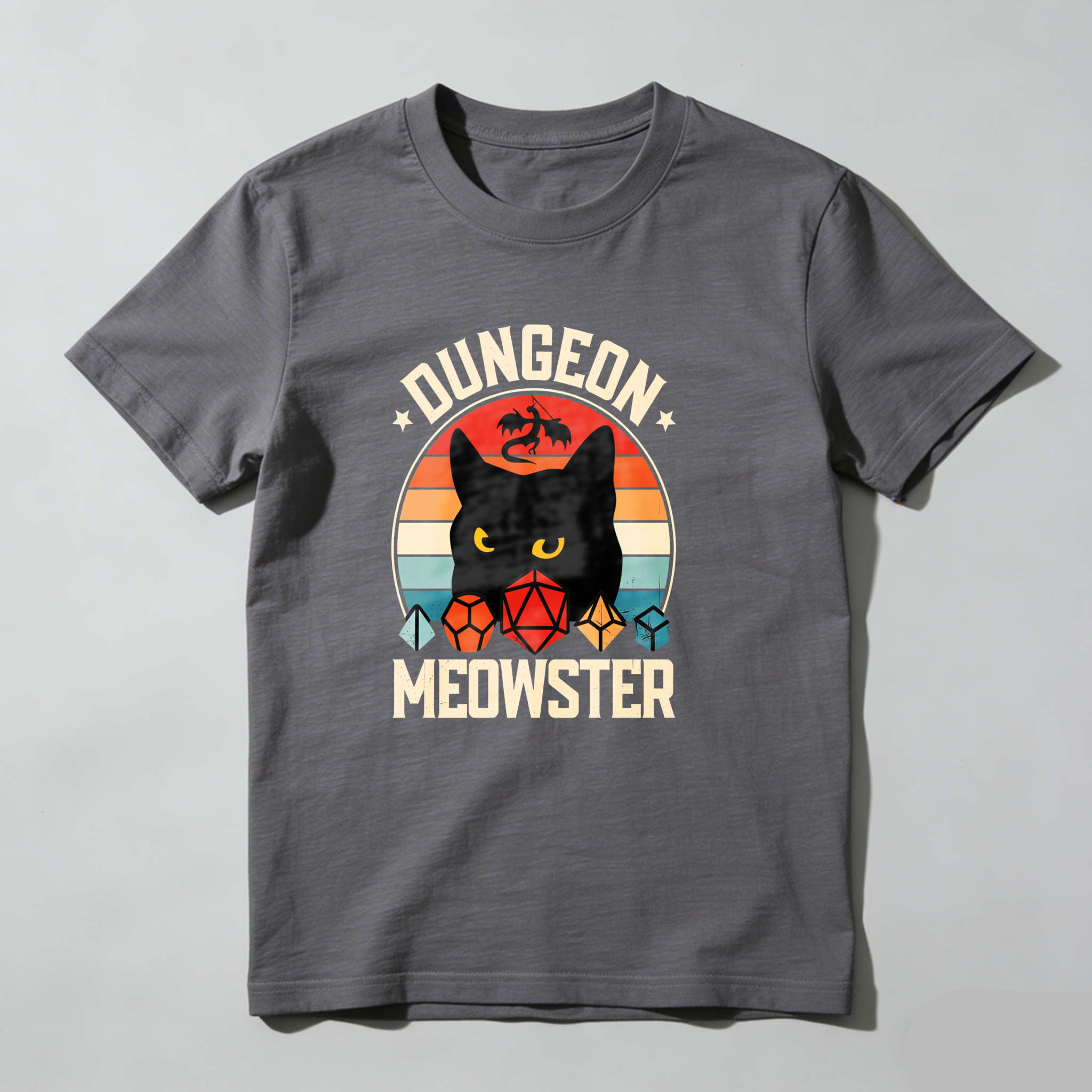 Dungeon Meowster Cat Dragon Dice Sunset tshirt 100% cotton