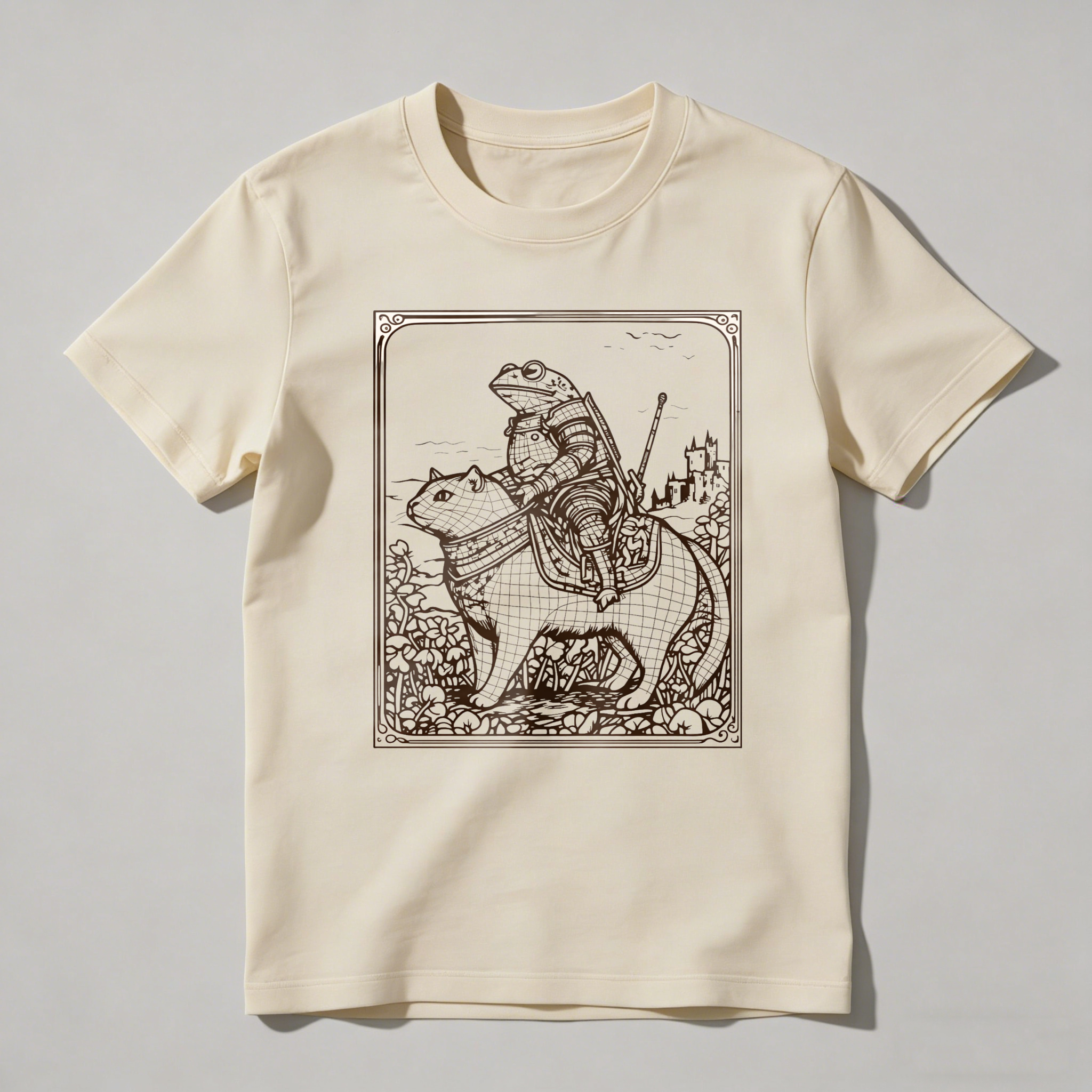 Dorawear™ Frog Knight Riding Cat In Fantasy Landscape T Shirt