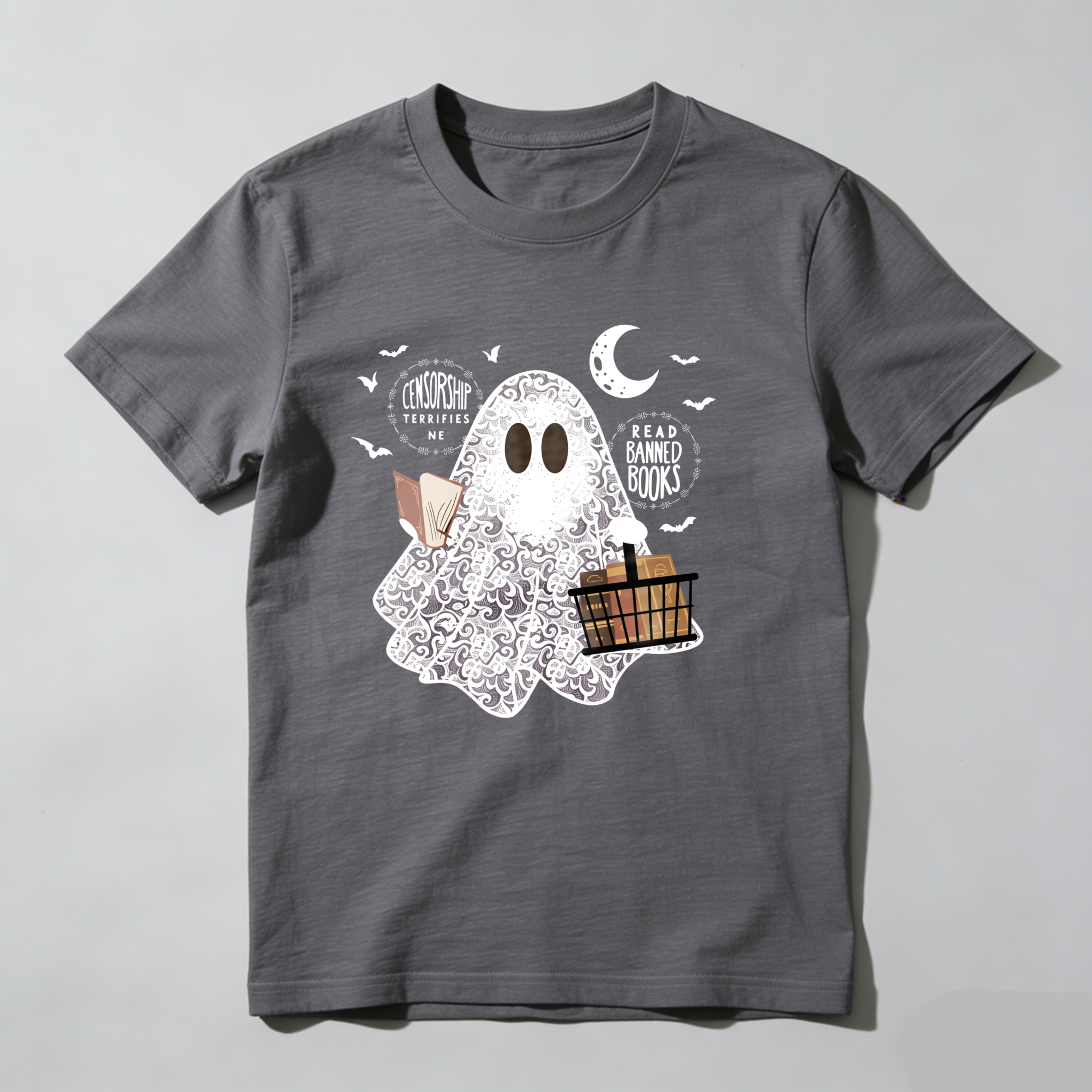 Dorawear Ghost Holds Books And Moon With Bats T Shirt