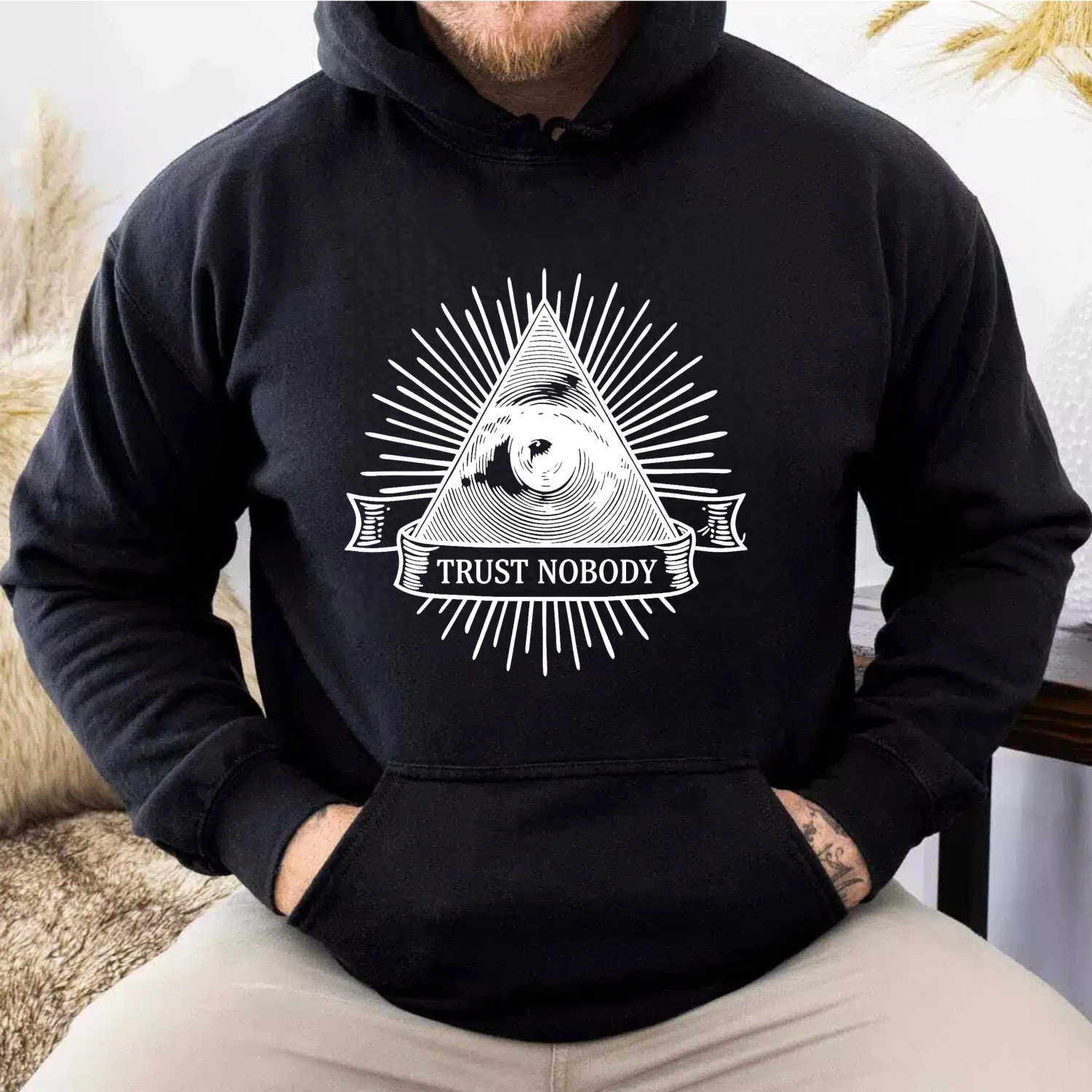 Dorawear™ Trust Nobody All Seeing Eye Hoodie Black Sweatshirt With Pyramid And Eye Design Unisex Casual Wear For Men And Women-Dorawear