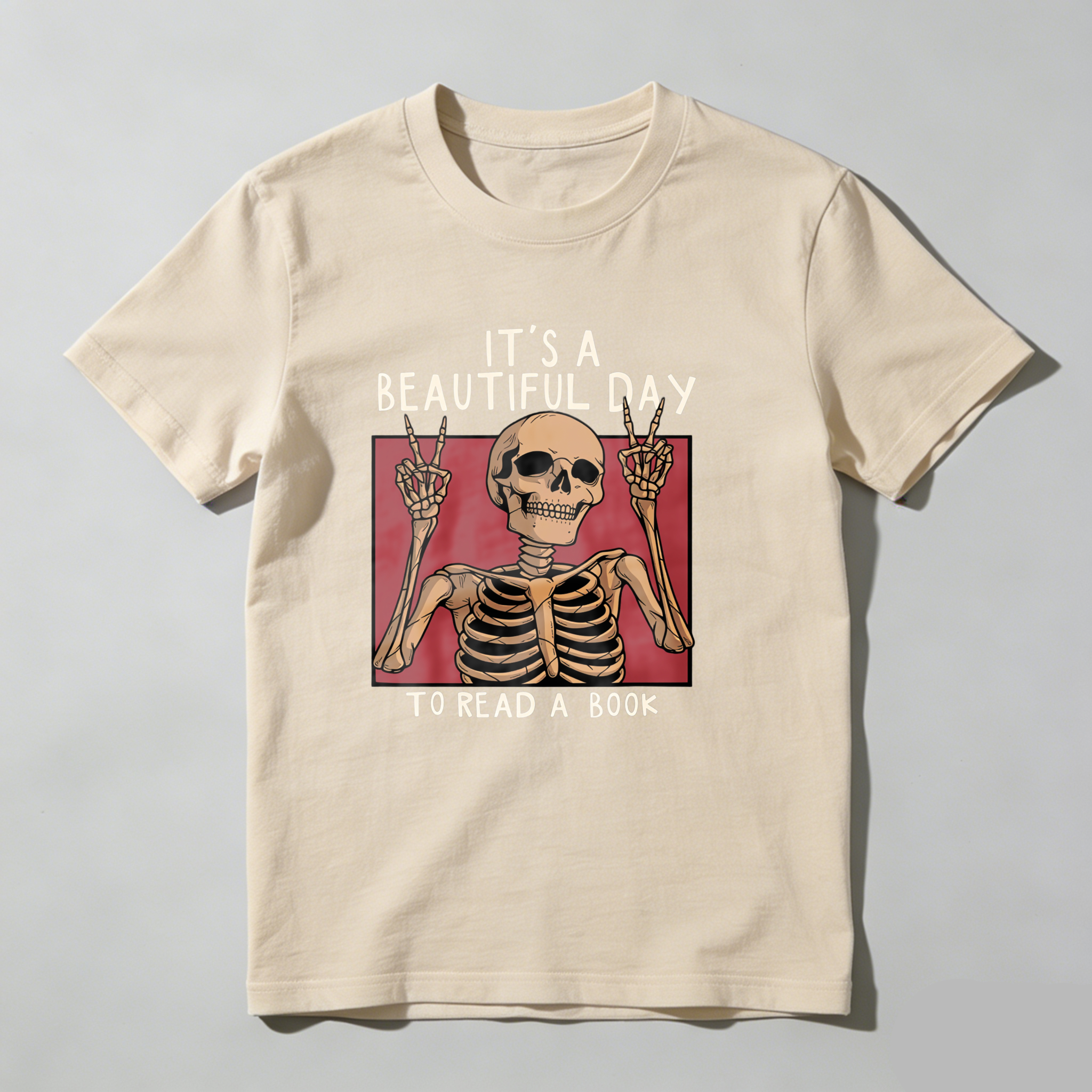 Dorawear™ Skeleton Making Peace Signs With Book Text T Shirt