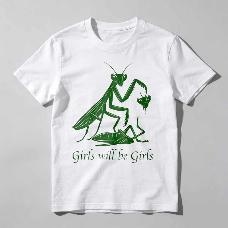 Dorawear™ Green Mantis Eating Prey With Text Below T Shirt 100% cotton