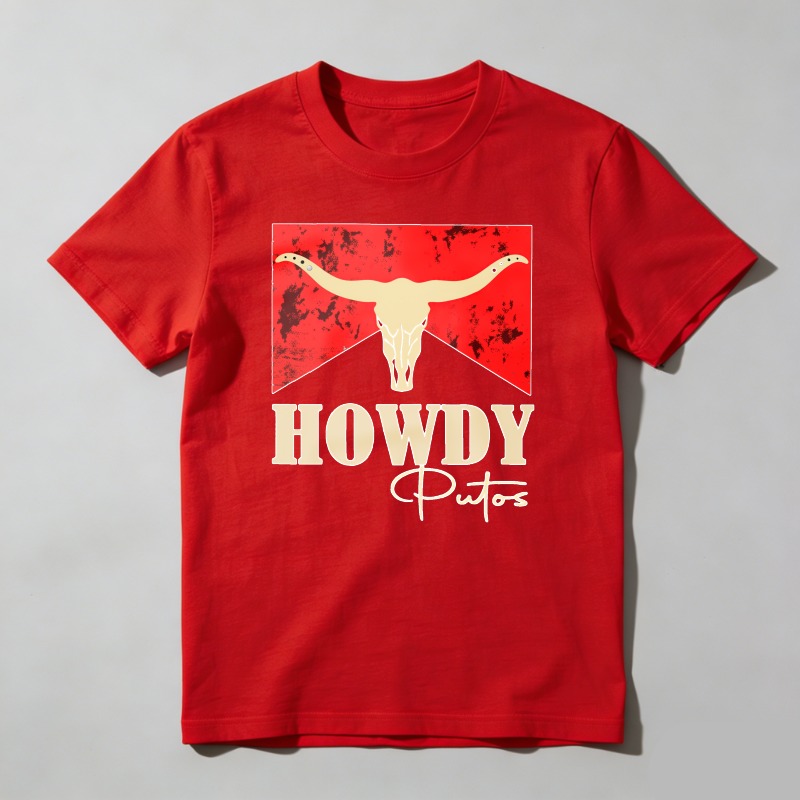 Dorawear™ Cow Skull Red Background Howdy Putos T Shirt 100% cotton