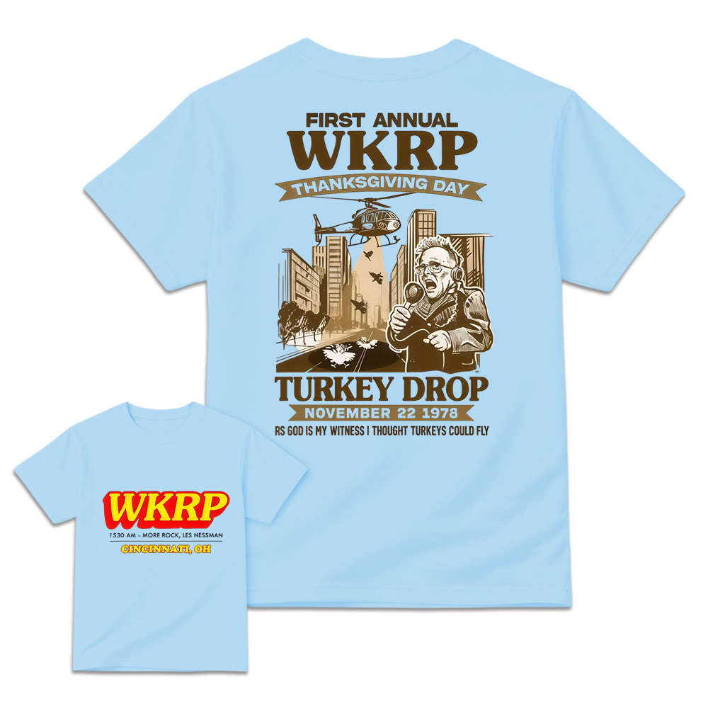 WKRP Theme 1st Annual Thanksgiving Shirt Cotton Graphic Tee - Cincinnati Themed, Basic, Relaxed Cut, Casual Fit, Comfortable, Short Sleeve, Round Neck, , Sports Top