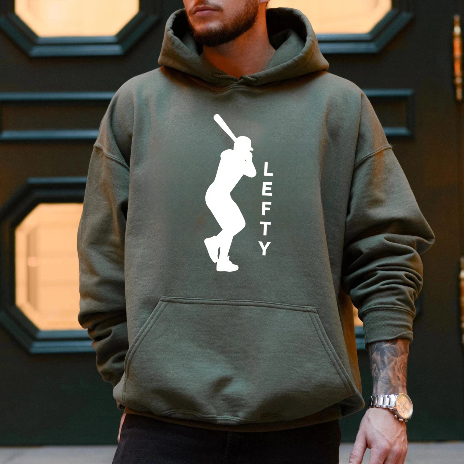 Dorawear™ Lefty Baseball Player Silhouette Hoodie For Left Handed Batters Sports Fan Apparel Unisex Sweatshirt With Front Pocket And Drawstring Hood-Dorawear