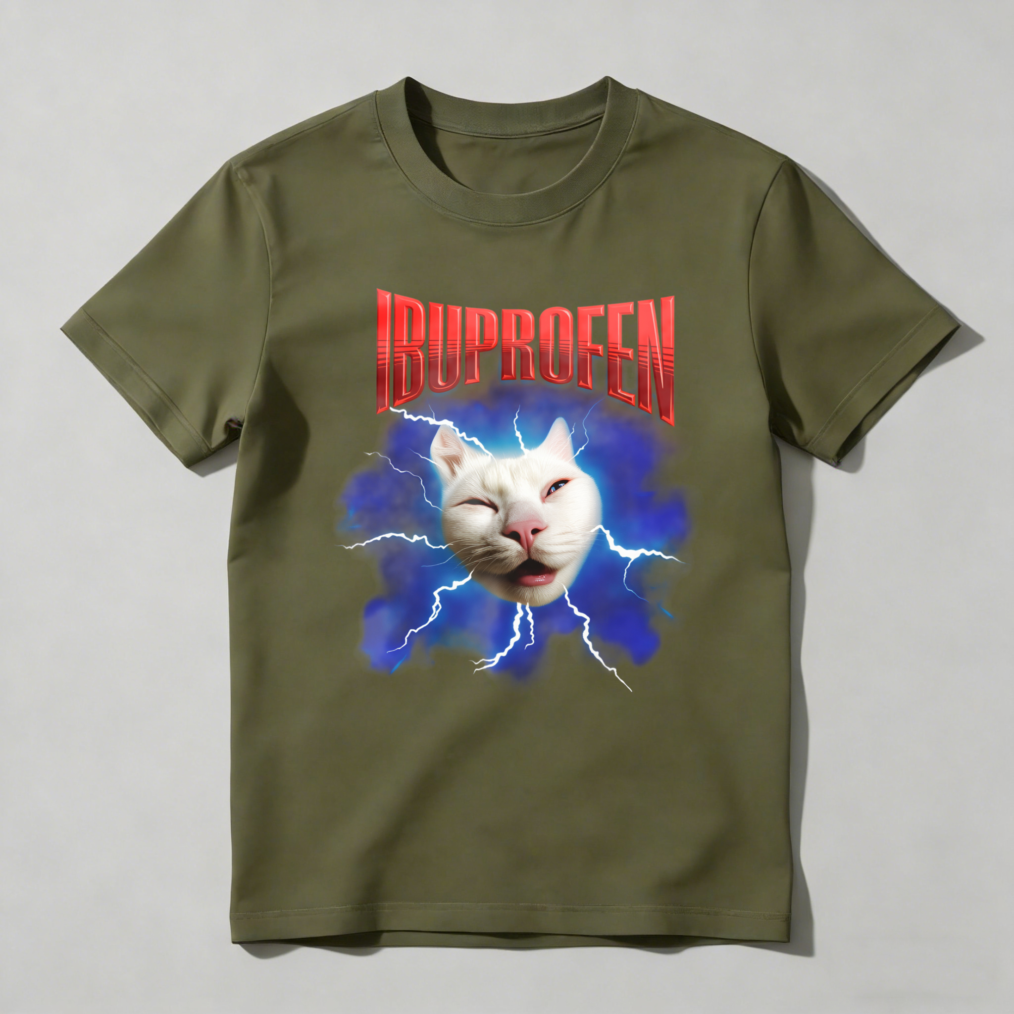 Dorawear™ Ibuprofen Cat Lightning Blue Background T Shirt