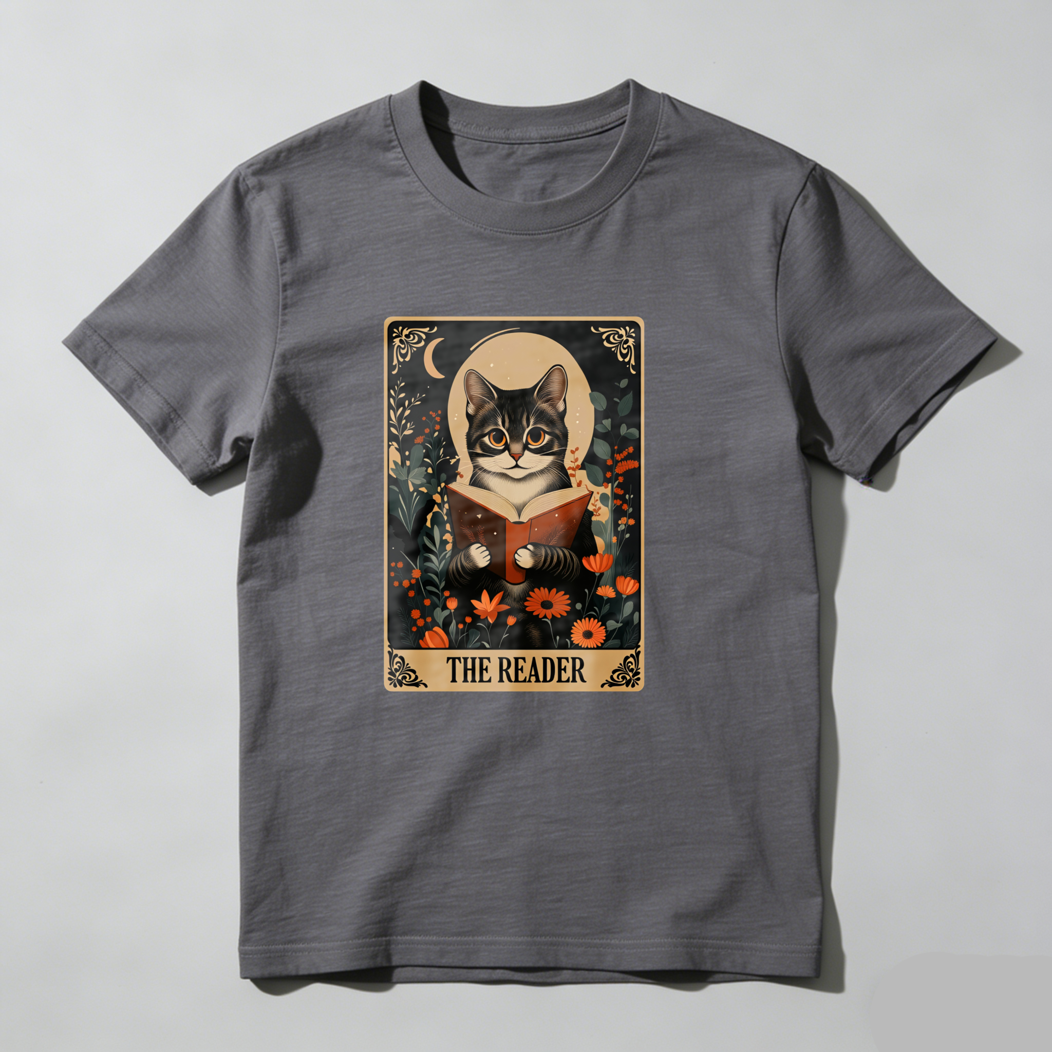 Dorawear™ Cat Reading Book With Flowers And Moon T Shirt