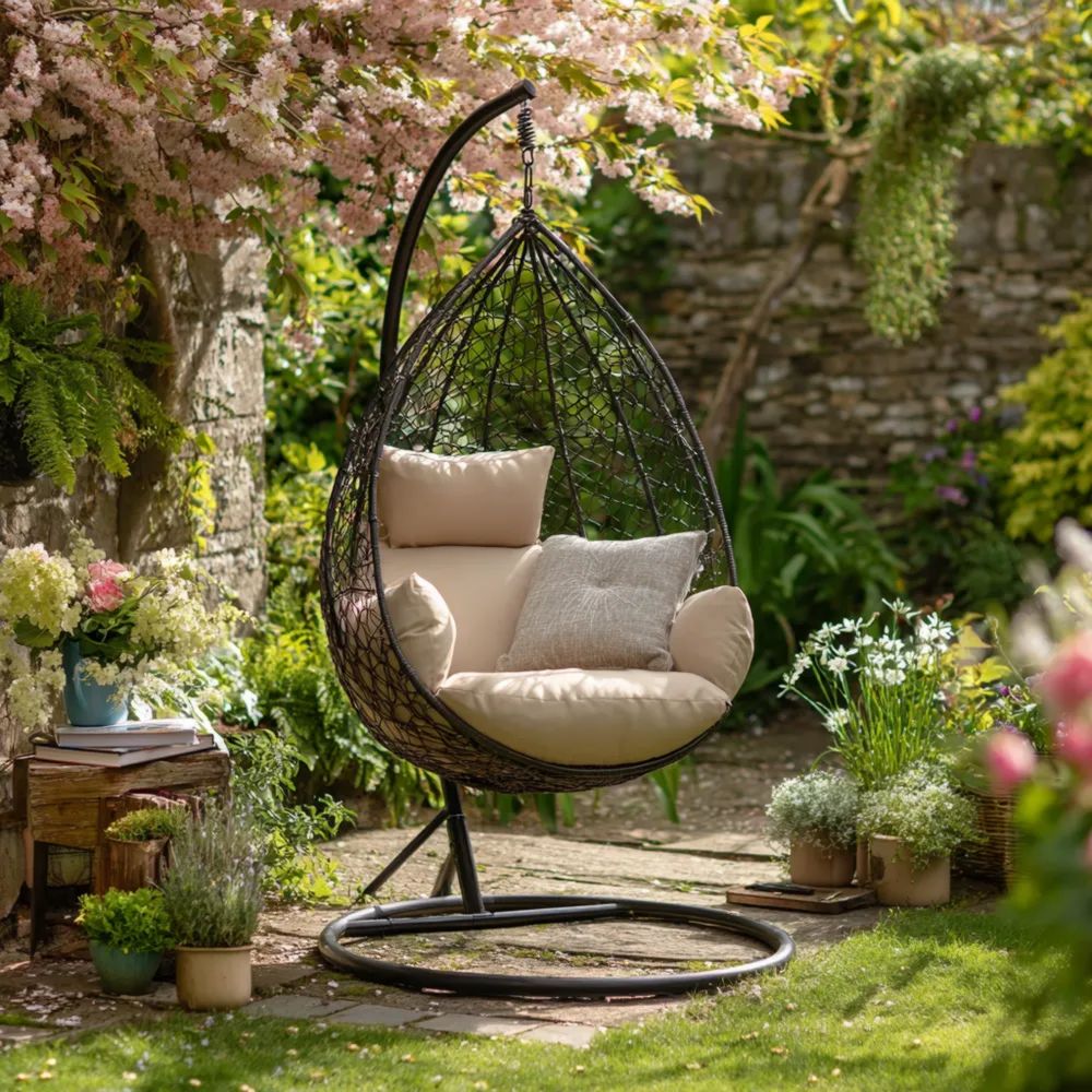 Chaise Suspendue en Rotin 105x95x195 cm - Coussins Beige - Design Contemporain