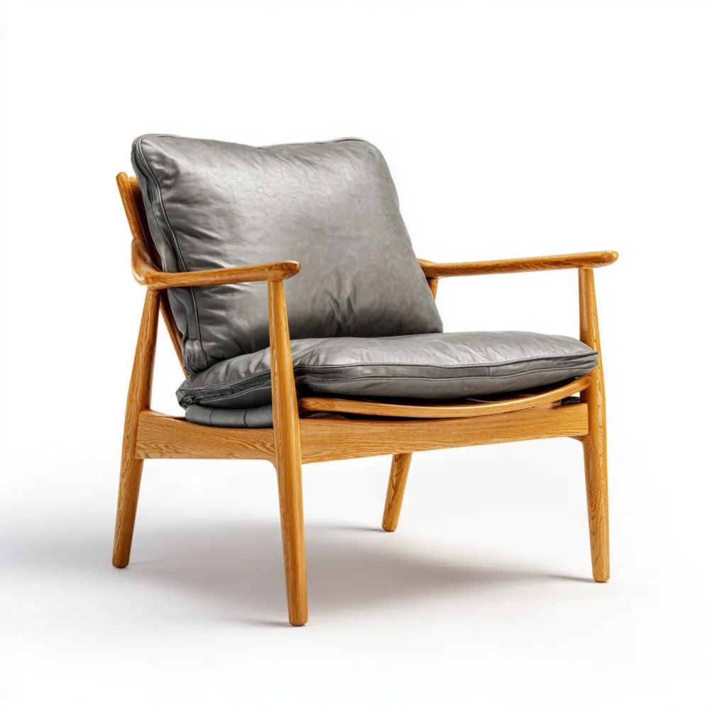 Fauteuil en cuir et bois 80x75x85 cm - Gris - Design contemporain
