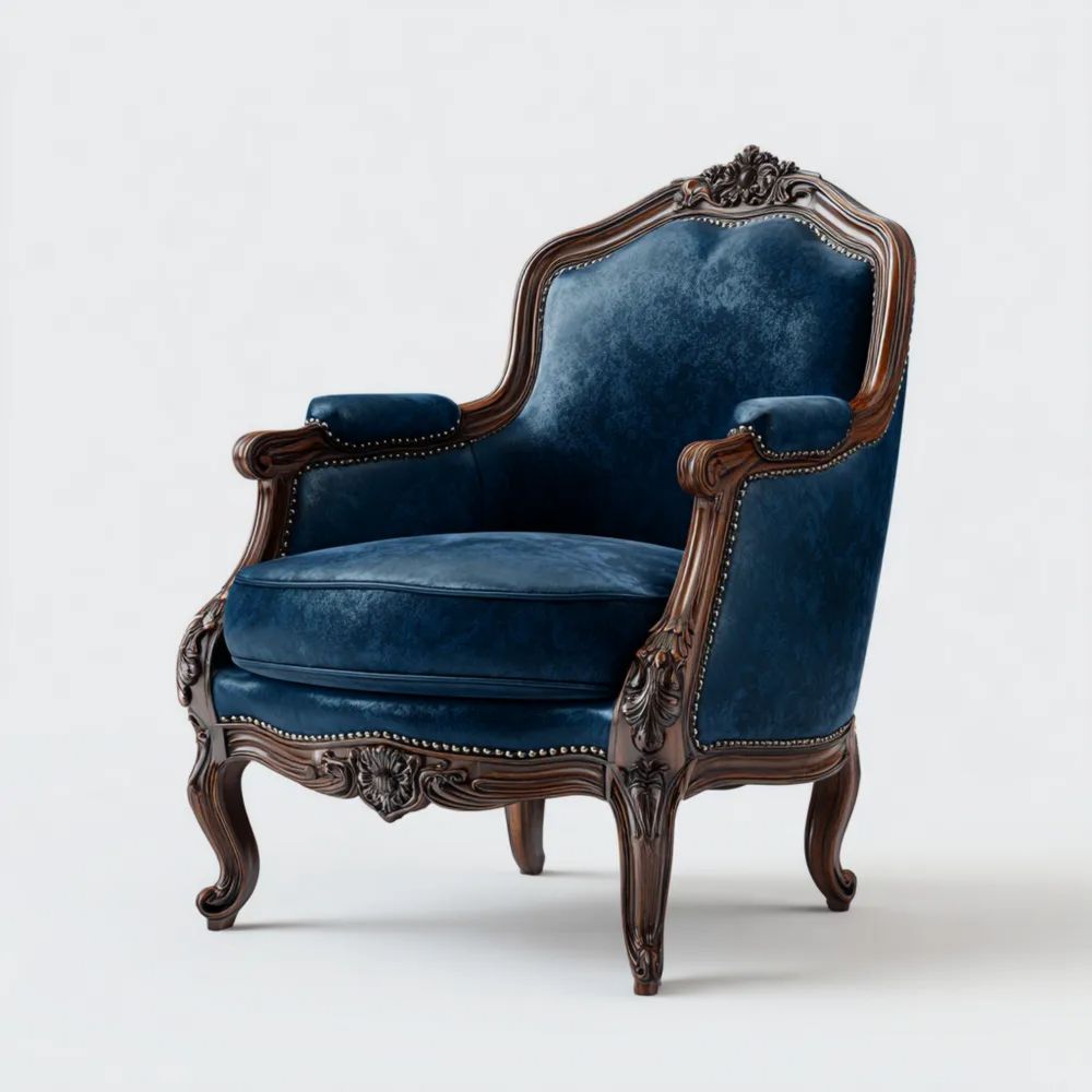 Fauteuil Velours Bois Sculpté 75x80x100 cm – Bleu – Design Classique