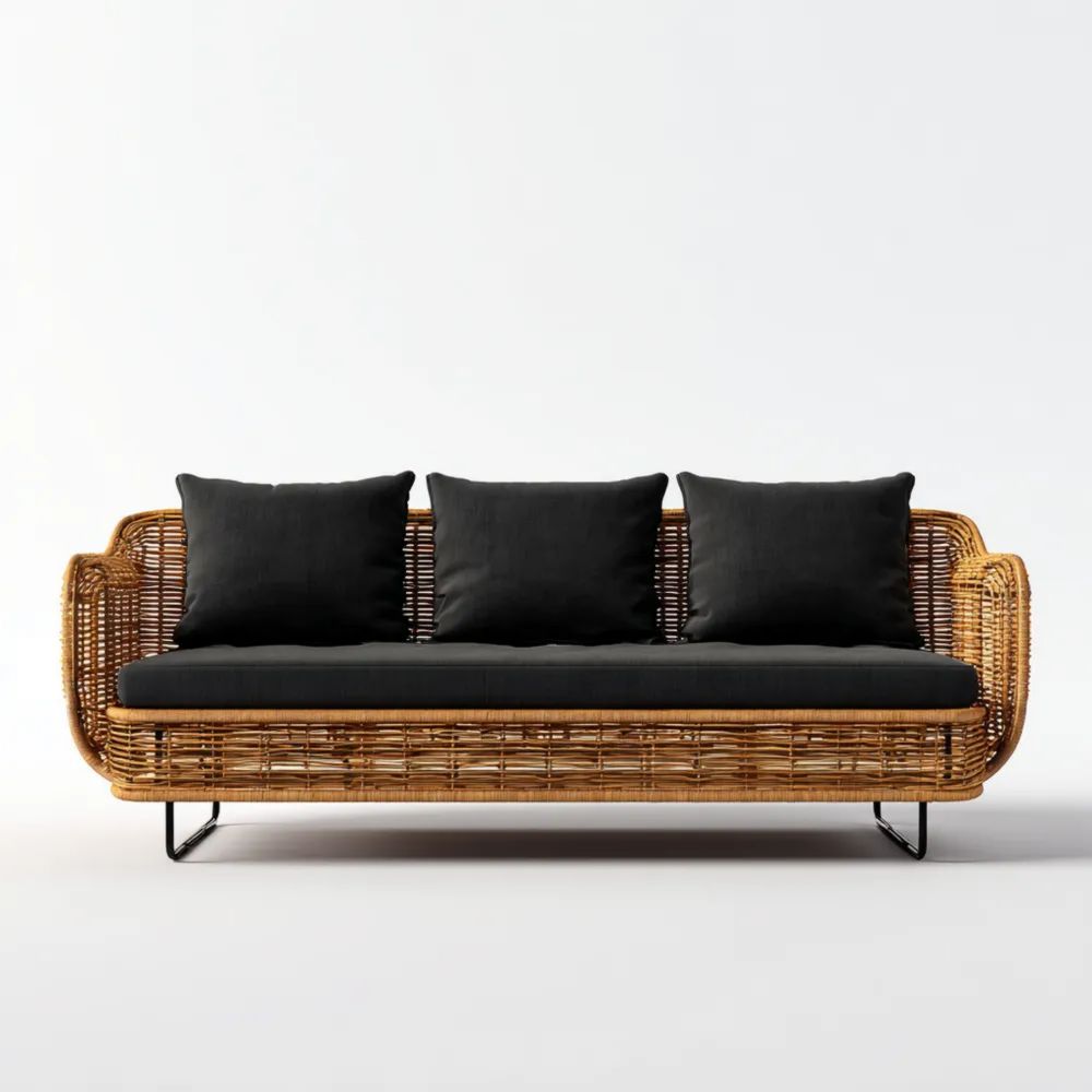 Canapé de jardin trois places 200x80x75 cm - Rotin tressé et coussins Noirs