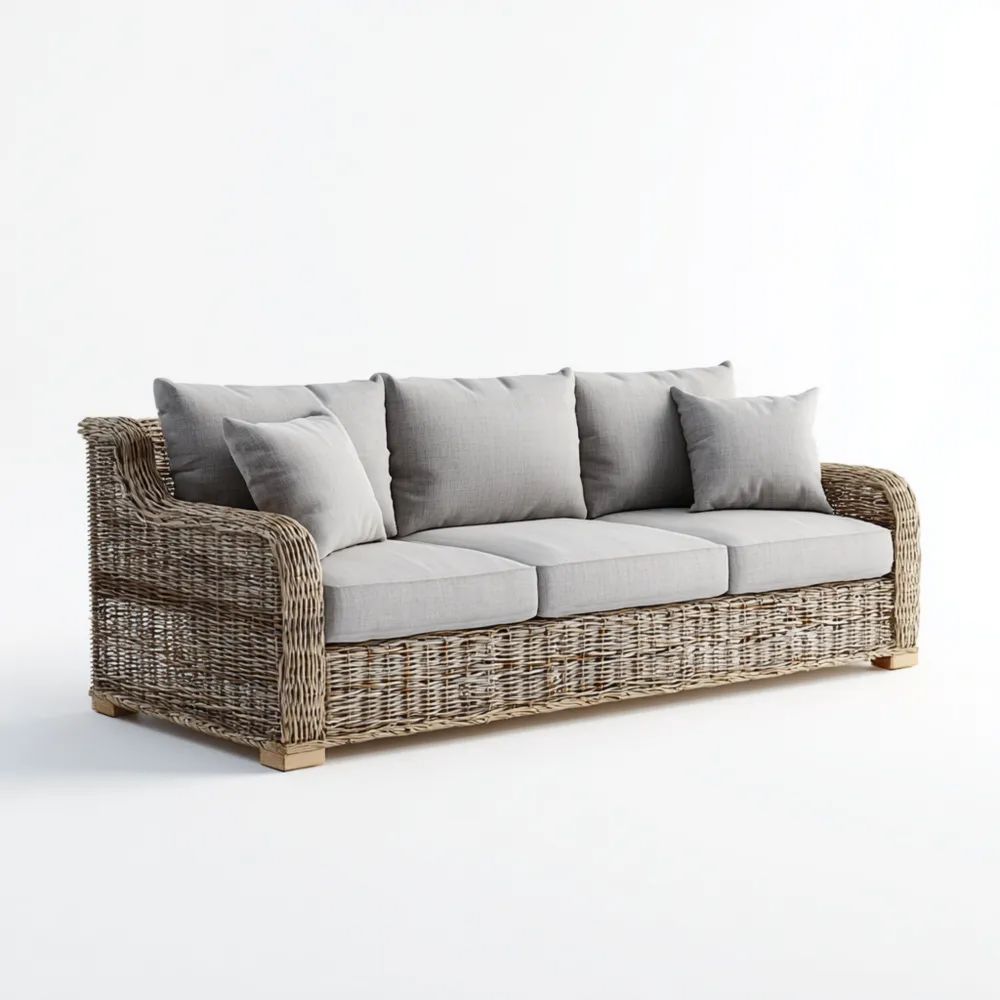 Canapé trois places en rotin 200x85x75 cm – Gris – Style rustique