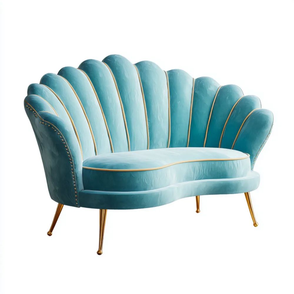 Canapé deux places en velours design coquillage 150x85x95 cm – Bleu – Rétro moderne