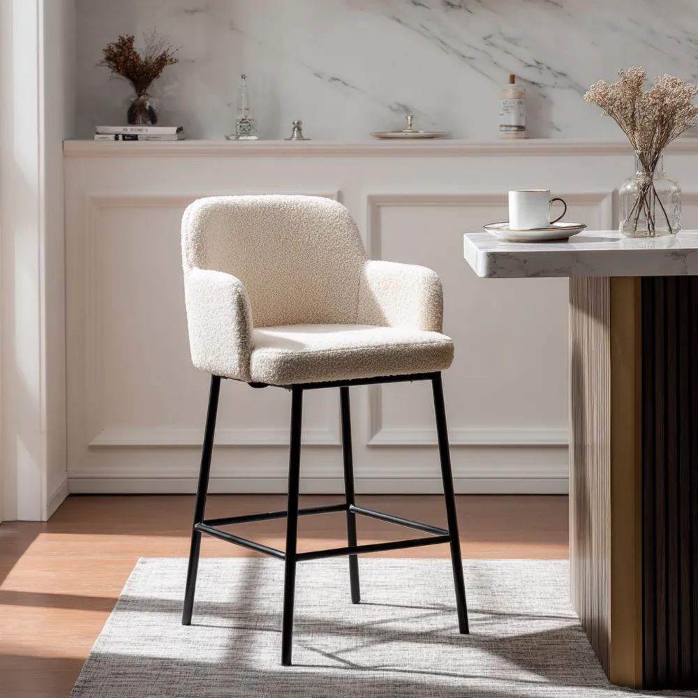 Tabouret de bar en tissu bouclé 45x50x90 cm – Crème – Design moderne