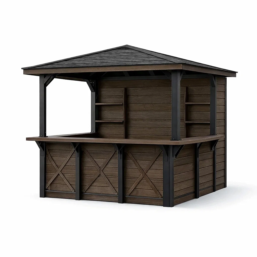 Padiglione bar in legno composito e acciaio con ripiani marrone-luxelivingabode