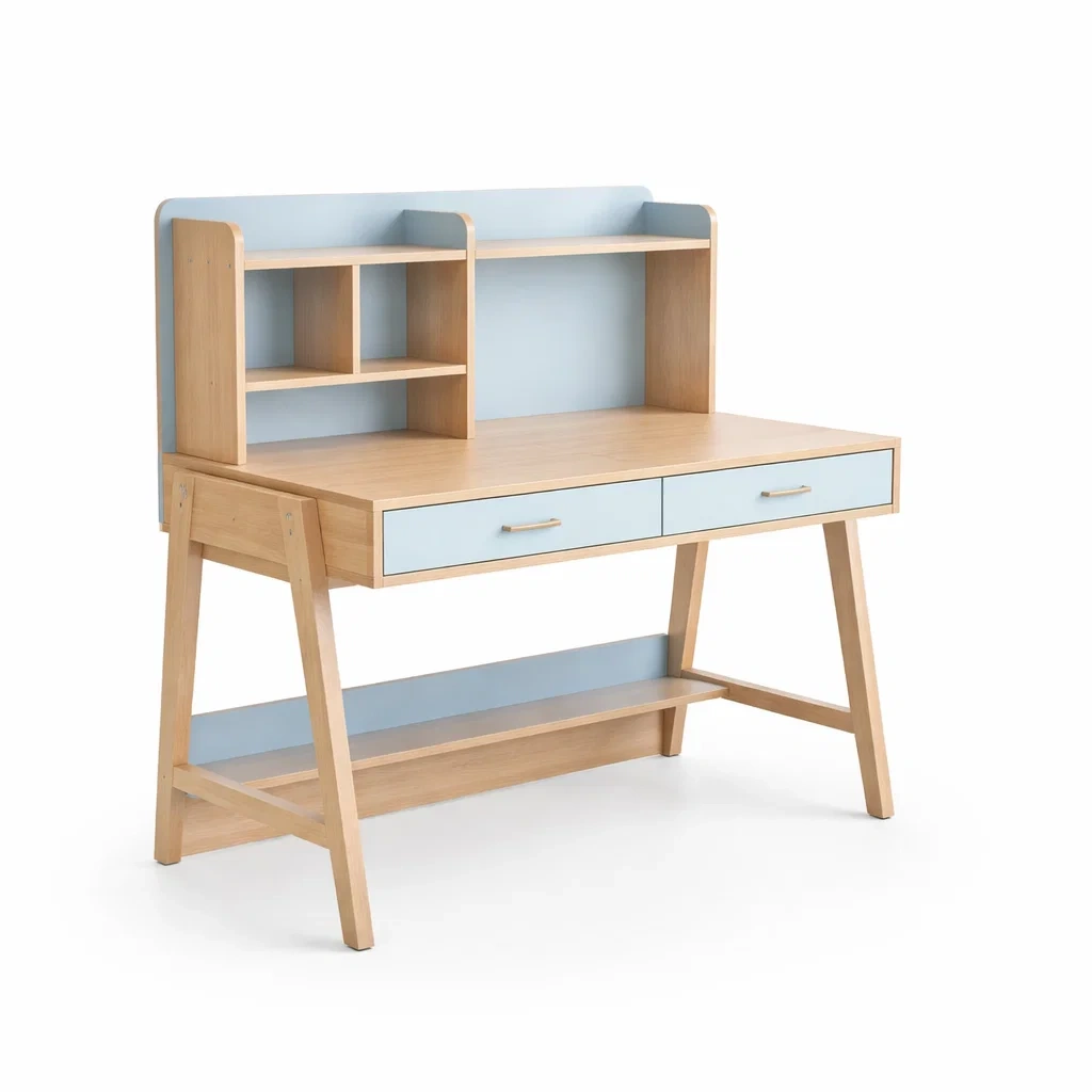 Scrivania in legno mdf rovere e azzurro con mensole e due cassetti-cozychicretreat