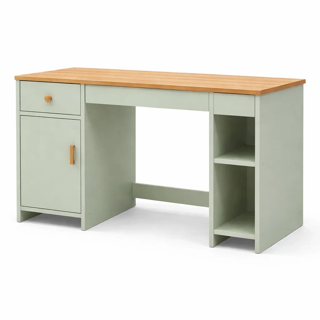 Scrivania rettangolare in legno verde con mensole e cassetto 120x50x76 cm-cozychicretreat